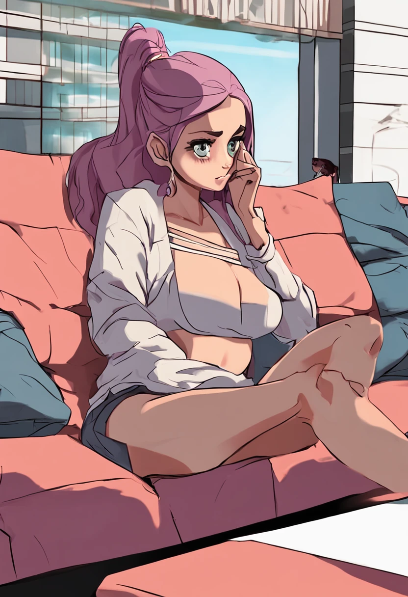 garota, cabelo rosa, olho azul, anime, 8k, sitting not sofa, mexendo no celular, (sbikini), pernas levantadas, pernas abertas, displaying the feet, (displayed pussy with hands), masturbation.
