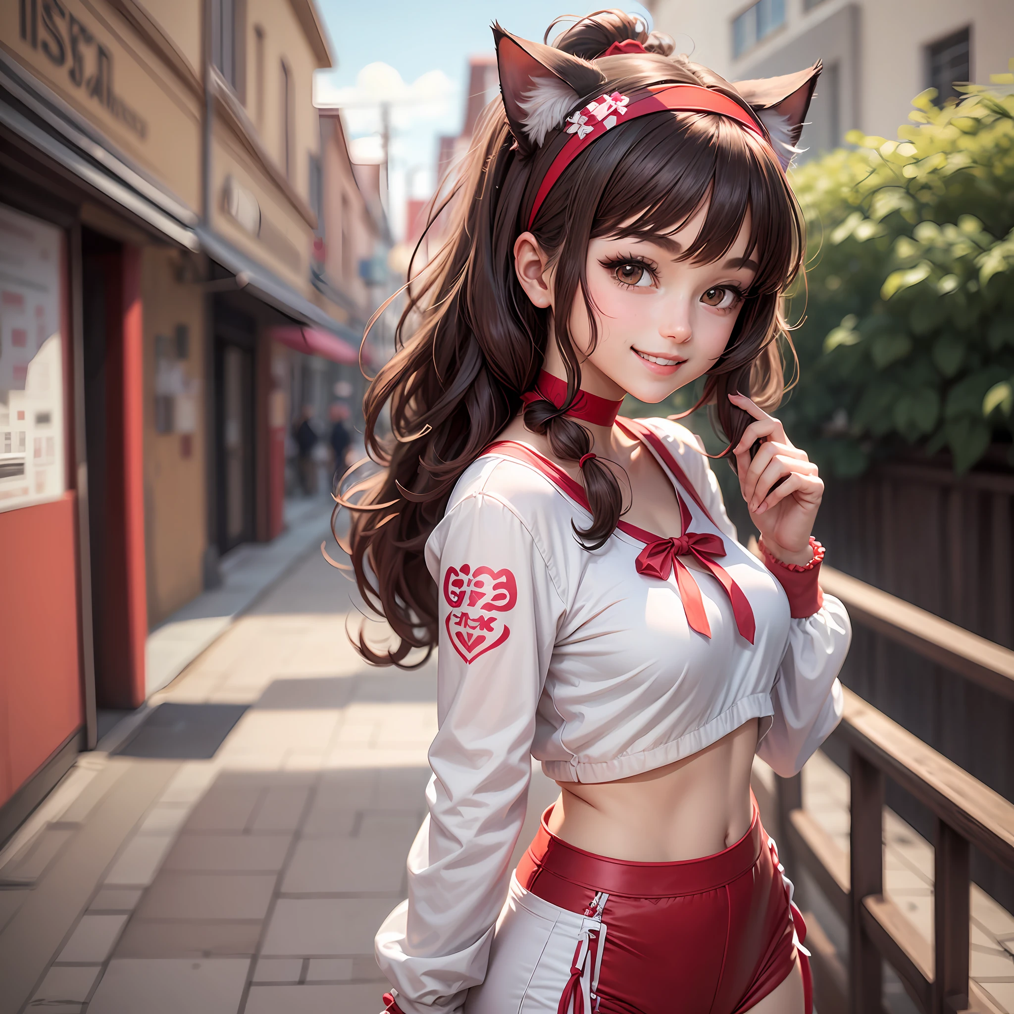 female character, cat ears, pigtail hair, dark brown hair, (((red headband))), classic pink and white clerica outfit, sweet smile, skinny, hand-drawn anime style --auto --s2