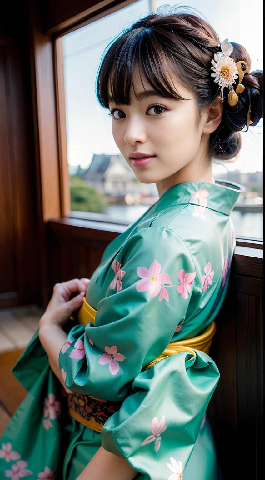 ((top-quality、32K、masterpiece:1.3、foco nítido:1.3))、1girl in、Pretty Japan Girl、with round face、a baby face、Young Face、A dark-haired、Black eyes、Detailed eyes and iris、Highly detailed facial and skin texture、hairstyle on((Japan hair、Edo period hairstyles))、Beautiful Japan kimono、Background with((in the edo era、Japan Bridge、Edo Castle))、Girl's body type(Sensual body lines、Feminine body line、Colossal tits)
