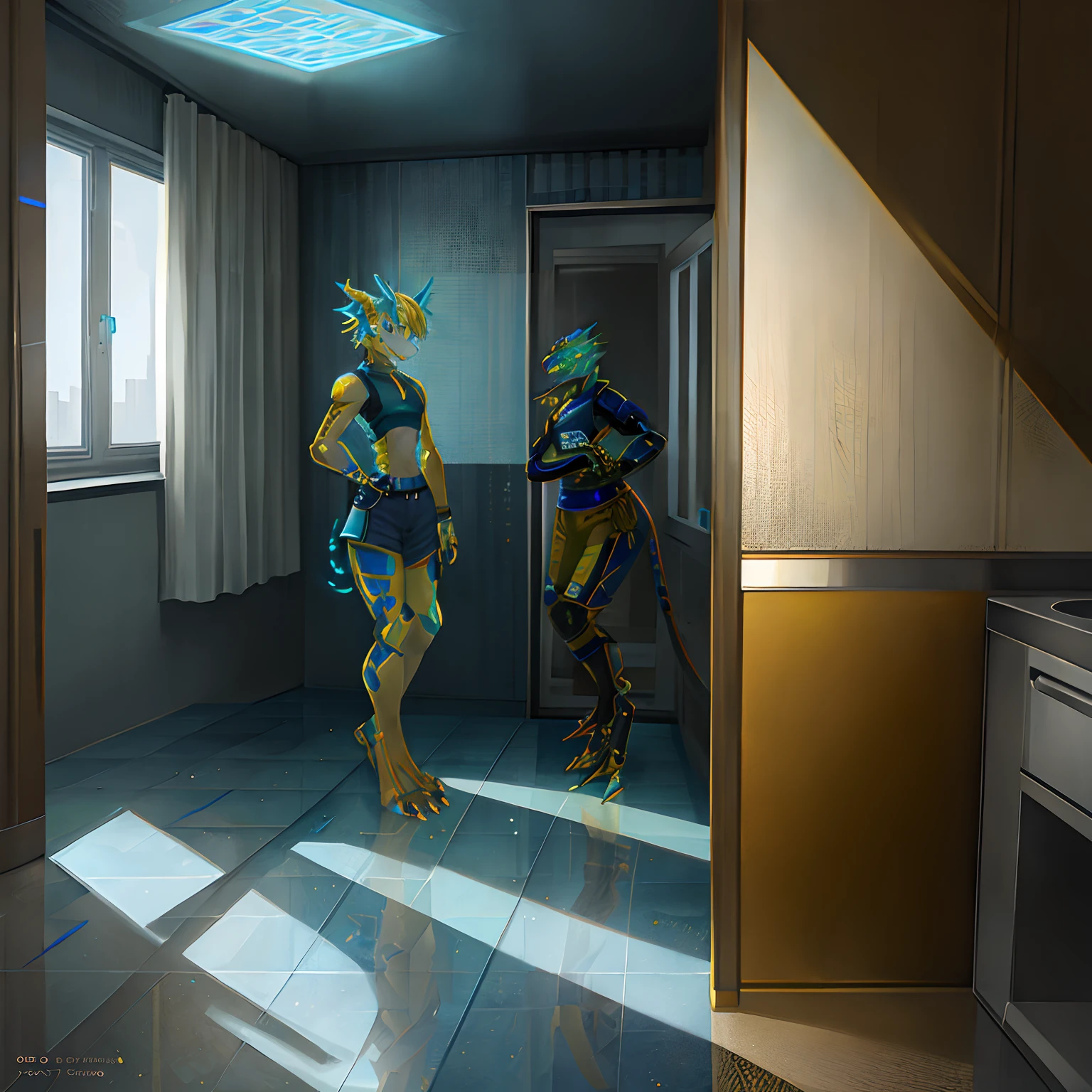 Bionic Mechanical Dragon,Golden Dragon,female,Humanoid,Wear blue shorts,Standing on the porcelain floor of the apartment。HD graphics,Detailed and realistic,high detal,high qulity