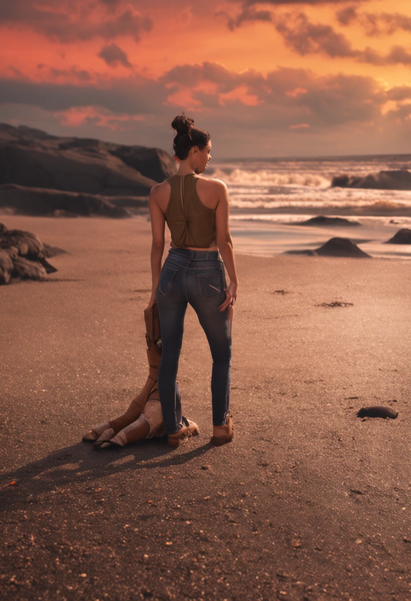mulher morena,seios a mostra,dressed in a pair of jeans that highlights her huge ass.