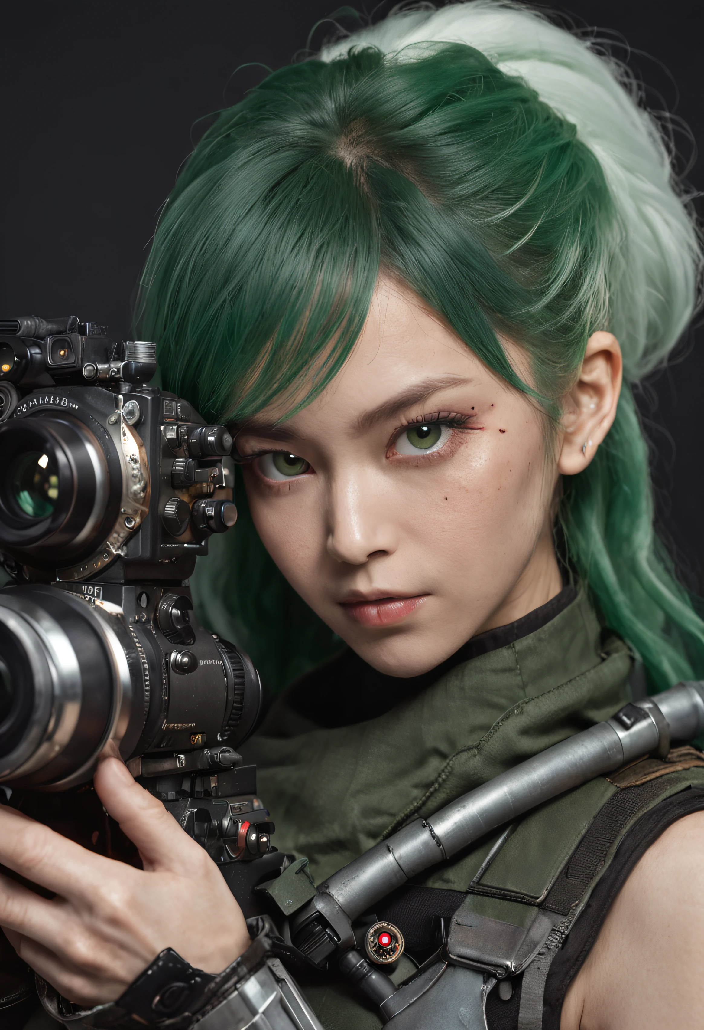 REALISTIC ANIME STYLE, JAPANESE ANIME, REAL ANIME, RAGE UNLEASHED, ANGRY, binoculars eyes, african american old man, white long beard cyborg soldier CAMERA LENSE HELM, ZOOM LENS GUN, GREEN HAMMER, GREEN CURLY SHORT HAIR, REFLECTIVE LENS EYES, heavy mecha armor, cybernetic, cyberpunk SPY, on planet venus, wasteland, apocalypse, barren venus planet, cinematic, volume lighting,