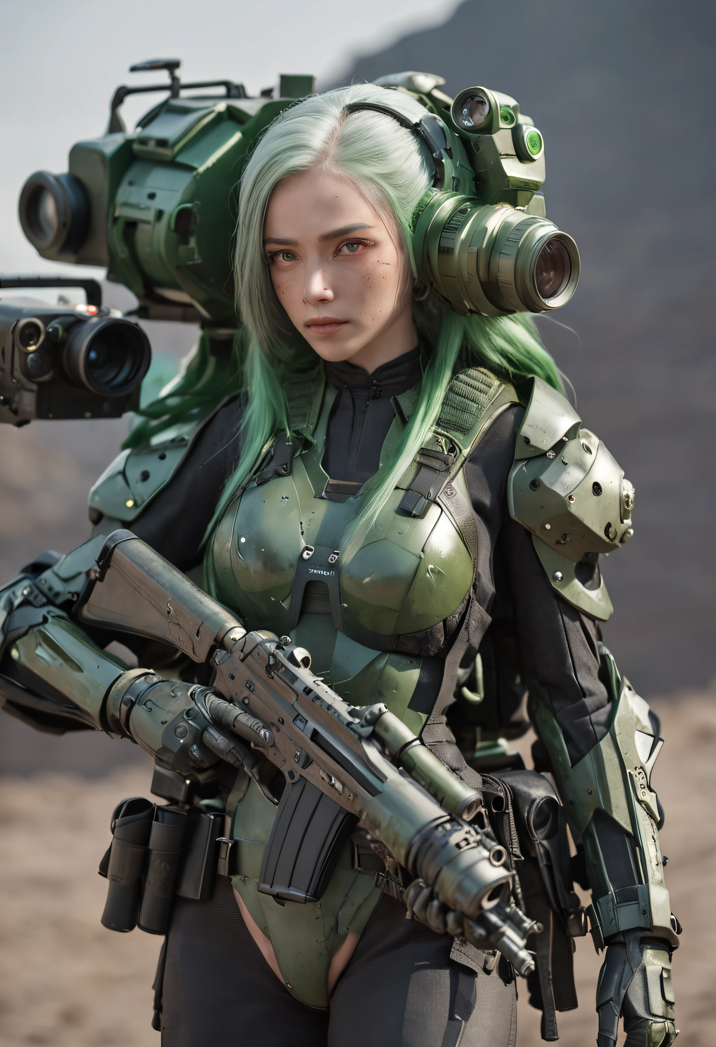 REALISTIC ANIME STYLE, JAPANESE ANIME, REAL ANIME, RAGE UNLEASHED, ANGRY, binoculars eyes, african american old man, white long beard cyborg soldier CAMERA LENSE HELM, ZOOM LENS GUN, GREEN HAMMER, GREEN CURLY SHORT HAIR, REFLECTIVE LENS EYES, heavy mecha armor, cybernetic, cyberpunk SPY, on planet venus, wasteland, apocalypse, barren venus planet, cinematic, volume lighting,