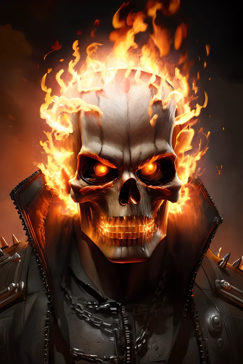 high quality, cinematic ray , realistic digital art illustration movie poster portrait  ghostrider,   epic lighting, cinematic lighting,   high res, (detailed image:1), insane details, soft,  hyper realistic,   (highly detailed:1.2), masterpiece, 8k uhd, digital art style ,  trending on artstation