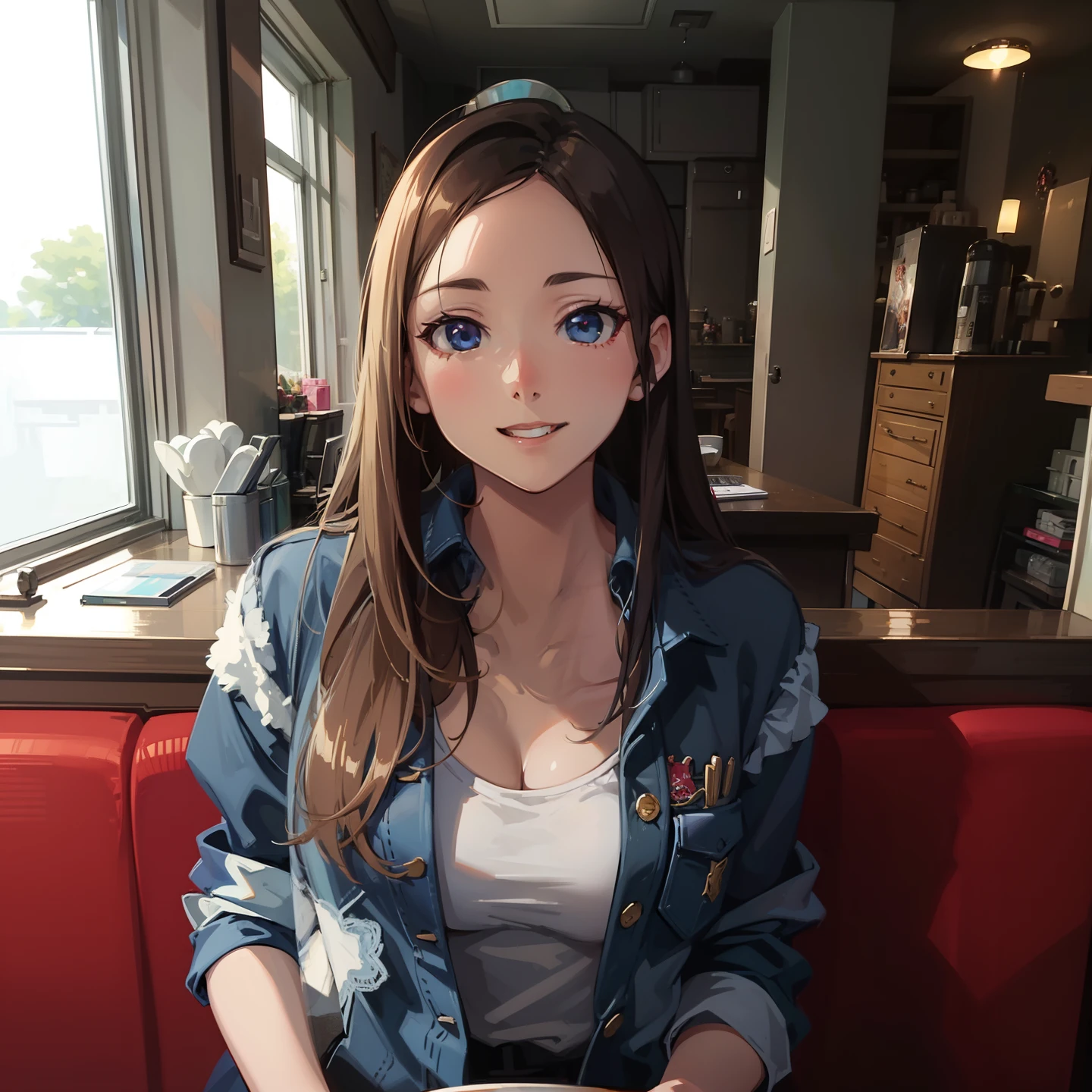 1girl, solo, masterpiece, best quality, high resolution, sharp focus, anime eyes, anime smile, anime background