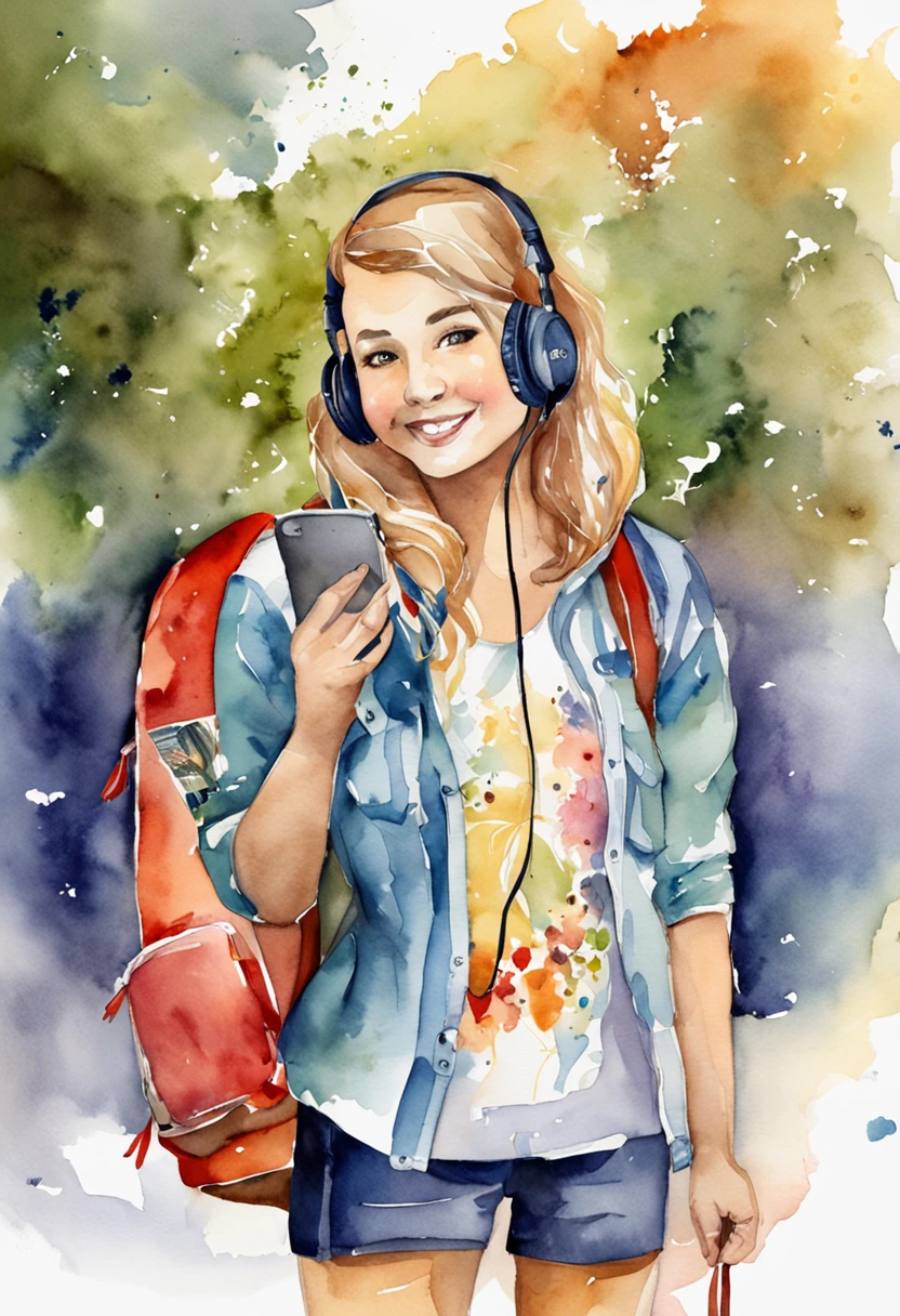 menina com uma mochila escolar escutando musica com fone de ouvido