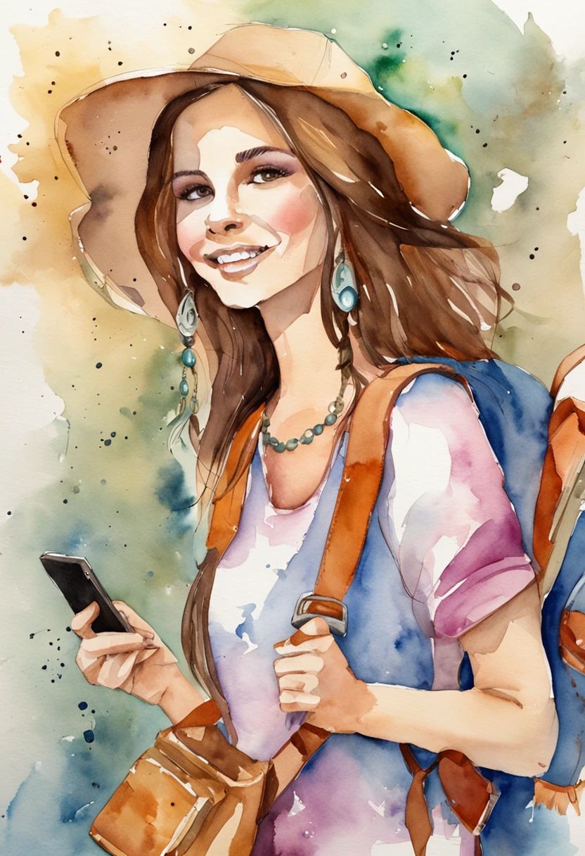 menina com uma mochila escolar escutando musica com fone de ouvido