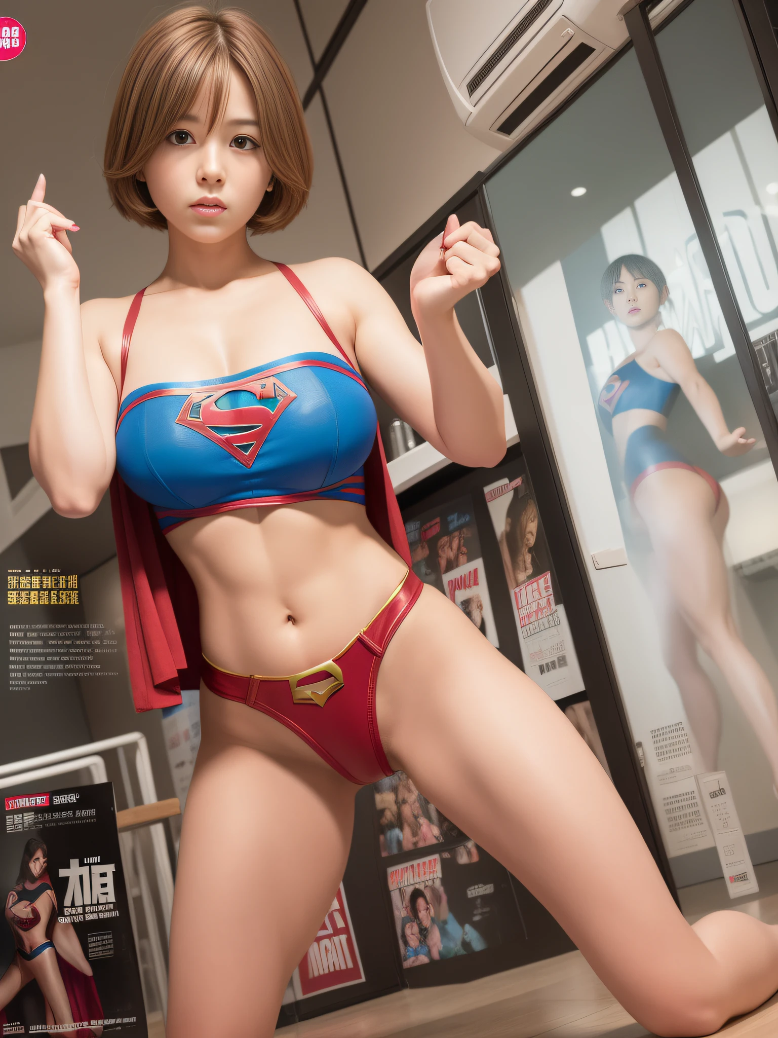 masterpiece、Short-haired Supergirl、Gymnasium、bare-legged、Looking at the camera、large boob、Too short miniskirt、highleg、Pro Wrestling、Magazine covers