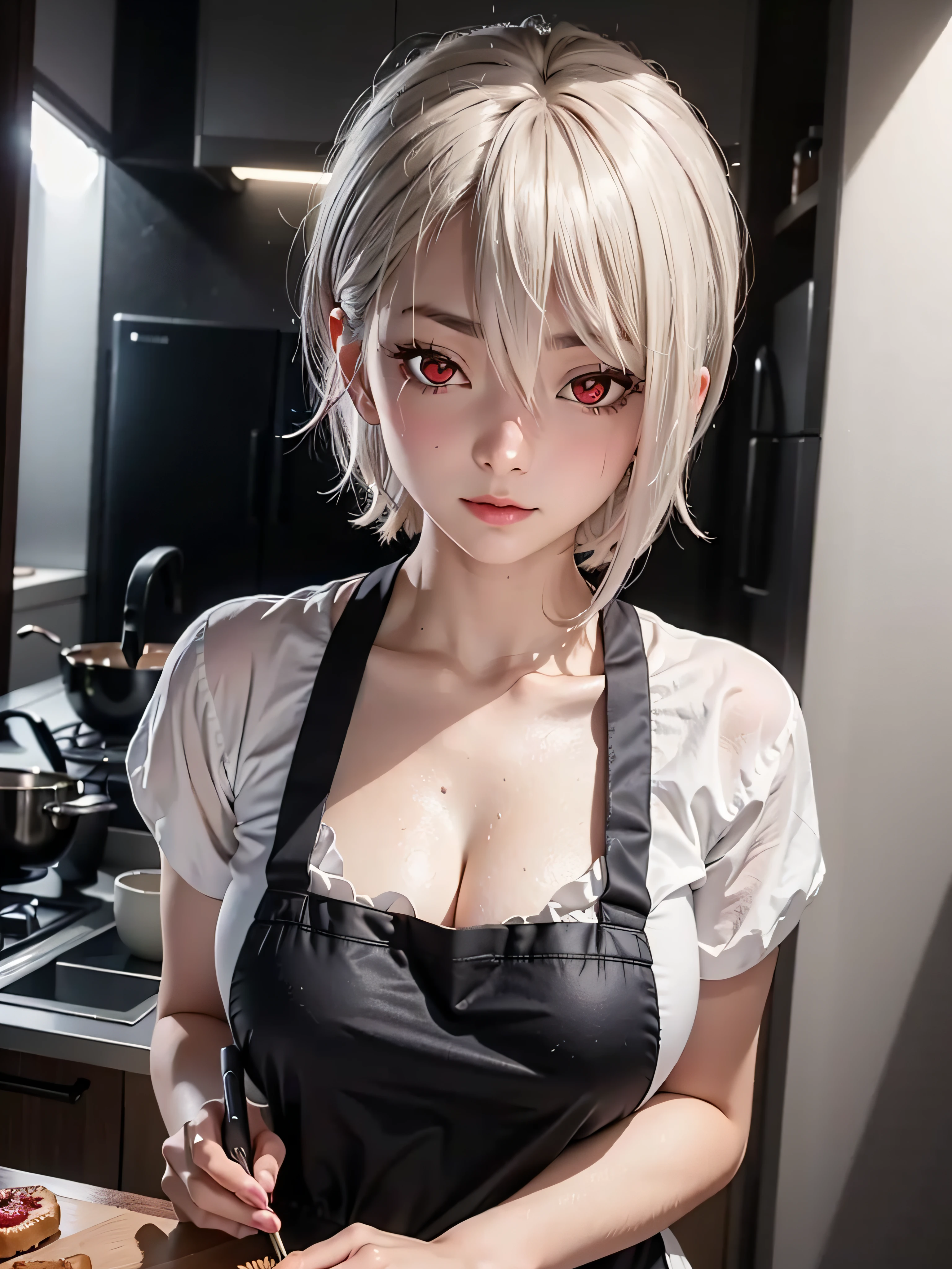 shokugeki no souma, ,Alice Nakiri, high resolution, white hair, short hair, solo, 1woman, detailed background, detailed eyes, ((red eyes)),close to face, portrait, female focus, apron, kitchen