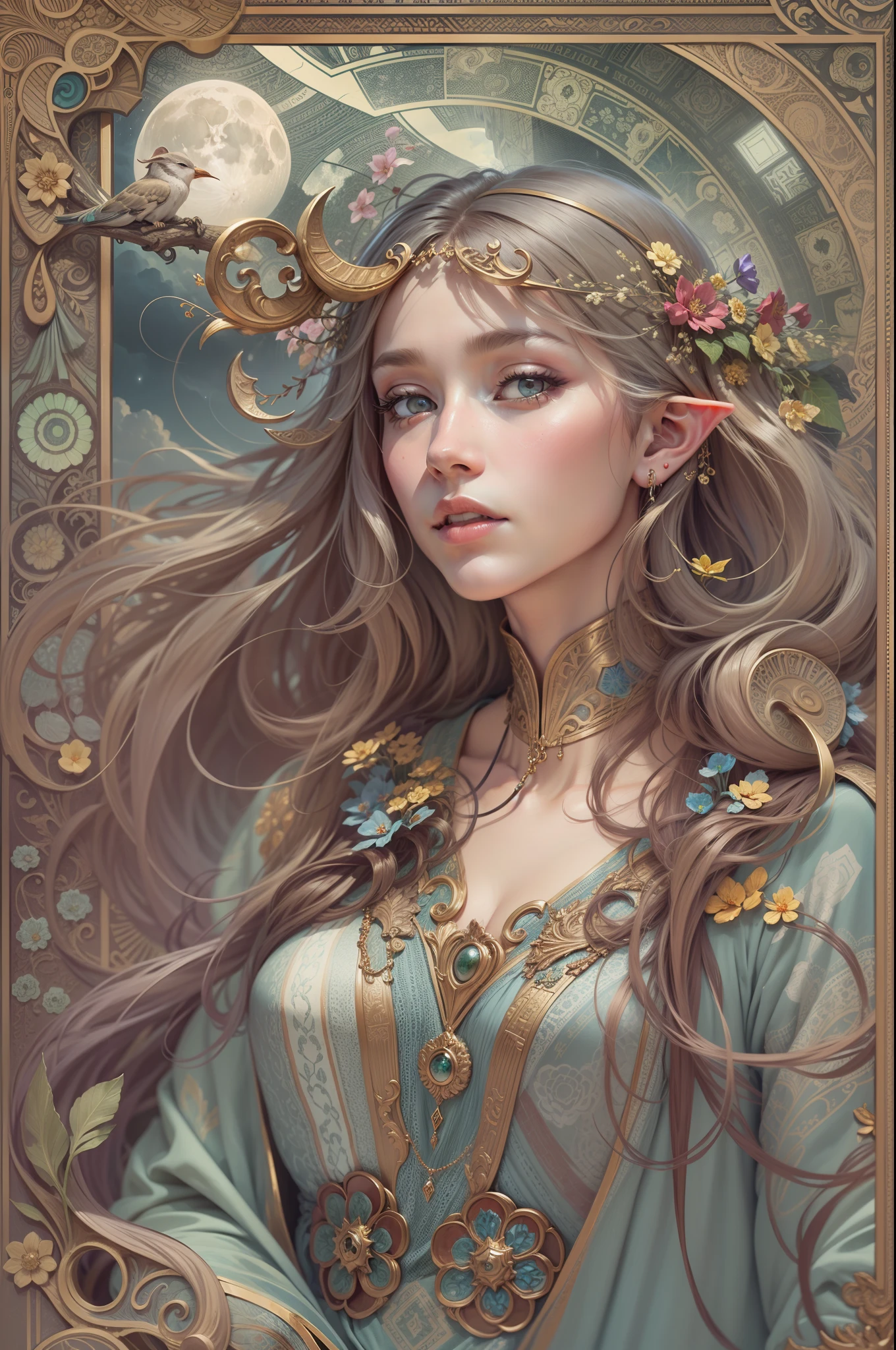 Tarot card, 1 elf girl，european elf face portrait，long shapeless hair, Shiny skin, Detailed face, wearing patterned robe， Sumeru，Clouds, moon，((tarot card layout))，Best quality, Masterpiece, (Realistic:0.6), Realistic lighting,Flower frame， Decorative panels， abstract artistic， (Alphonse Mucha) （tmasterpiece， best qualtiy, 8k, Extremely detailed， Complicated details， 4K，cerulean， Line art， Fibonacci.