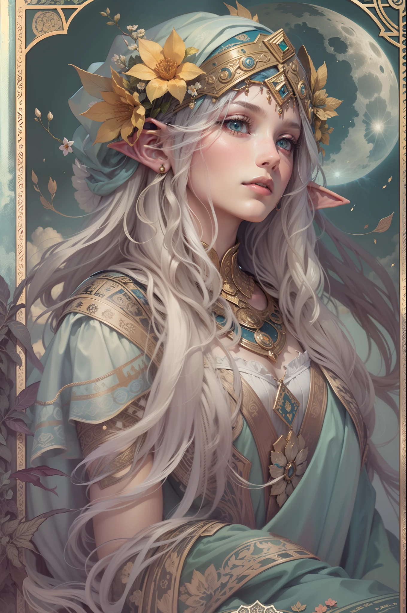 Tarot card, 1 elf girl,european elf face portrait,long shapeless hair, Shiny skin, Detailed face, wearing patterned robe, Sumeru,Clouds, moon,((tarot card layout)),Best quality, Masterpiece, (Realistic:0.6), Realistic lighting,Flower frame, Decorative panels, abstract artistic, (Alphonse Mucha) (tmasterpiece, best qualtiy, 8k, Extremely detailed, Complicated details, 4K,cerulean, Line art, Fibonacci.