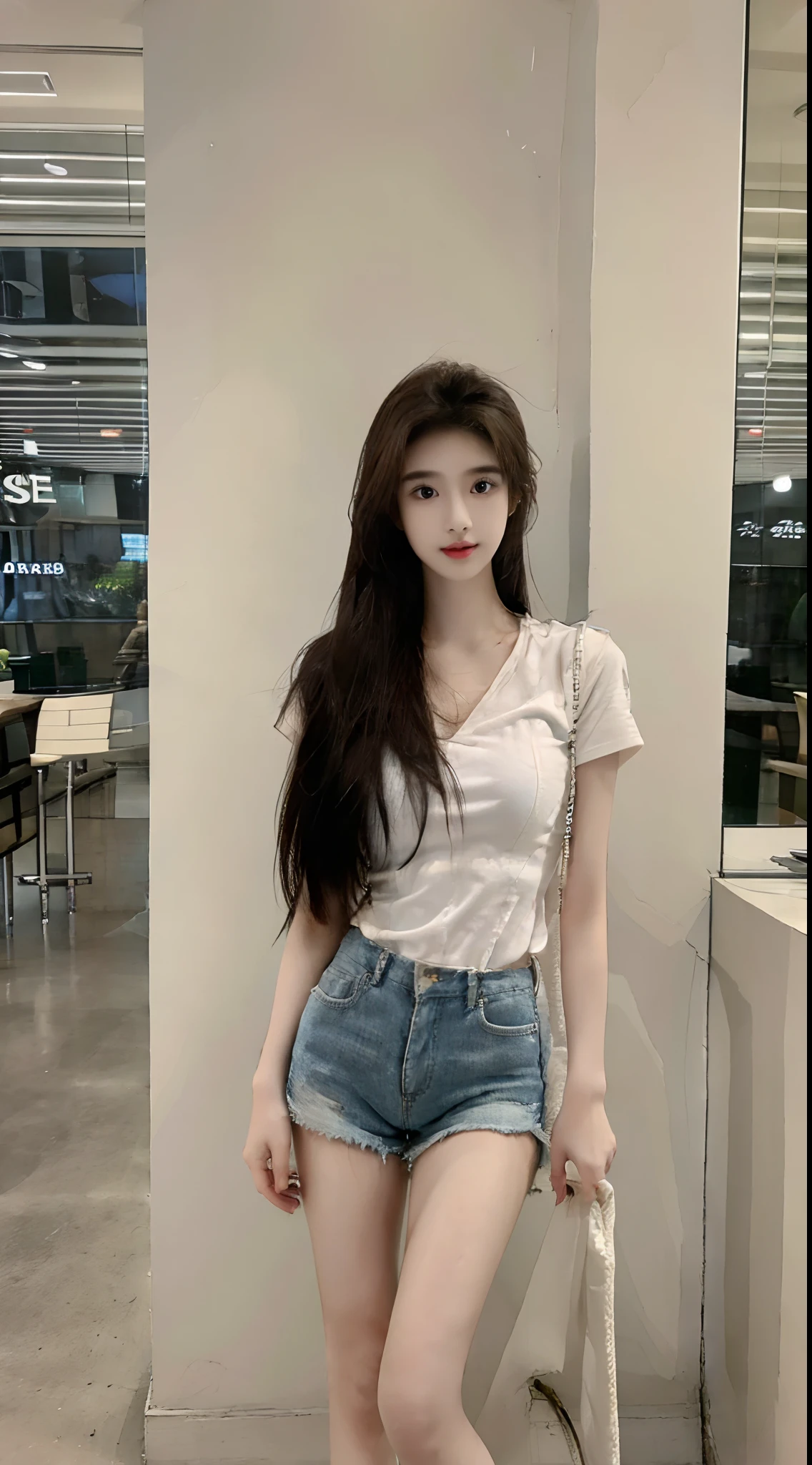 realistic, high resolution, 1 girl, long hair, korean,loose white shirt, skinny denim shorts,, thighs,
