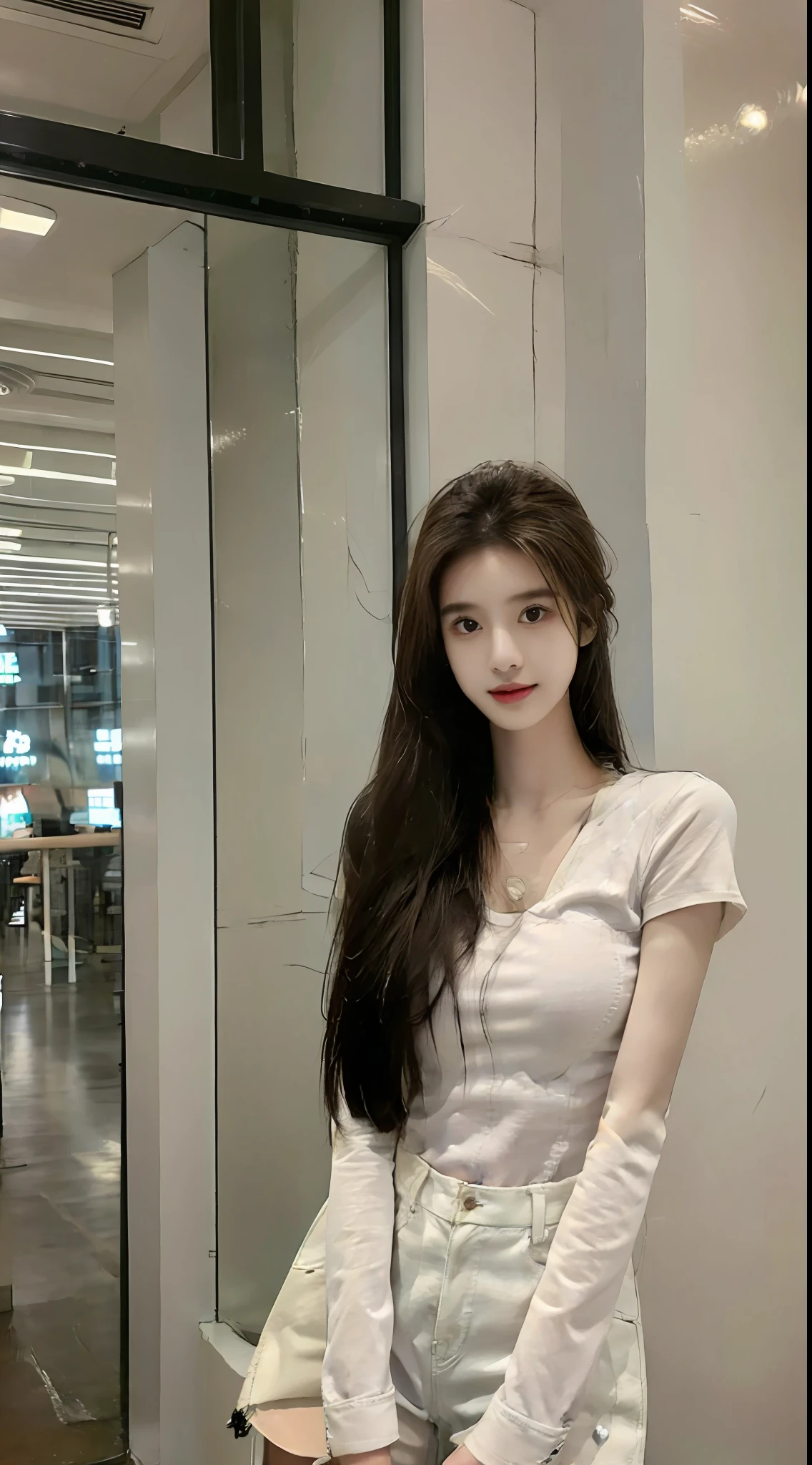realistic, high resolution, 1 girl, long hair, korean,loose white shirt, skinny denim shorts,, thighs,