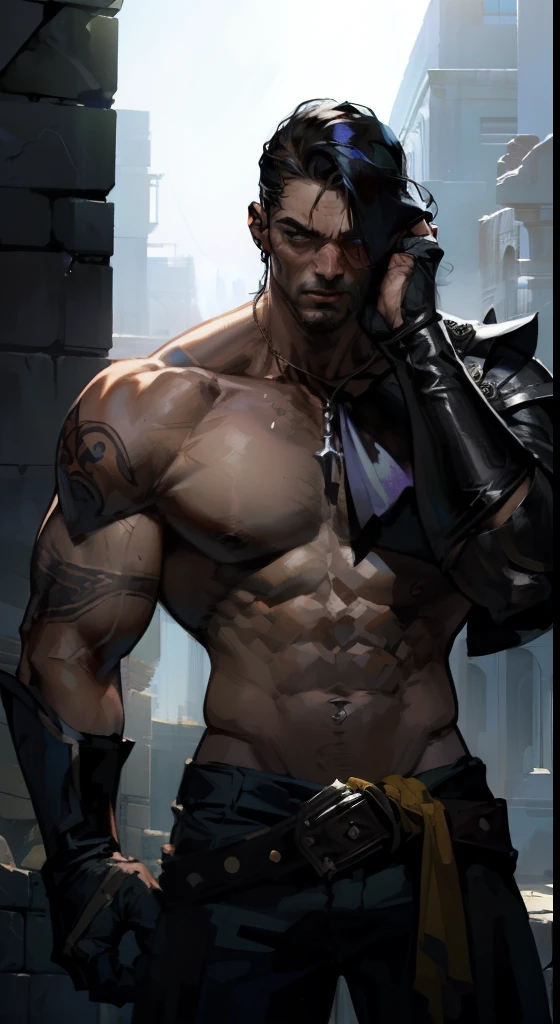 Realiza un foto desde el frente en la cual el 1boy (shen del videojuego (league of legend) se encuentra de rodillas limpiando sus manos en un estanque de agua. Su cuerpo es (musculado, sexi, definido, de hombros grandes, abs muy tonificacos, brazos grandes), (con cicatrices en el torso), pelo color blanco, mirada tranquila, transmite un seriedad y paz. a high definition, La mejor calidad, ultra detallado, extremadamente delicado, Anatomically correct, face symmetrical, Ojos y cara extremadamente detallados, ojos de alta calidad, creatividad, foto RAW, UHD, 8k, (luz natural, Pro Lighting:1.2, cinematic lighting:1.5, mejor sombra), (obra maestra:1.5)