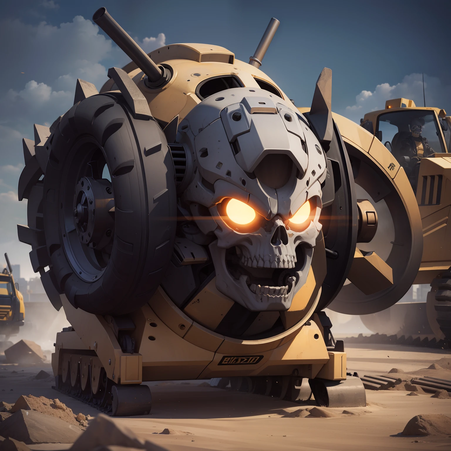 Skeleton integrated with bulldozer, skeletal, sculls, makina, Bulldozer tire feet, marle, Concept art, 4K