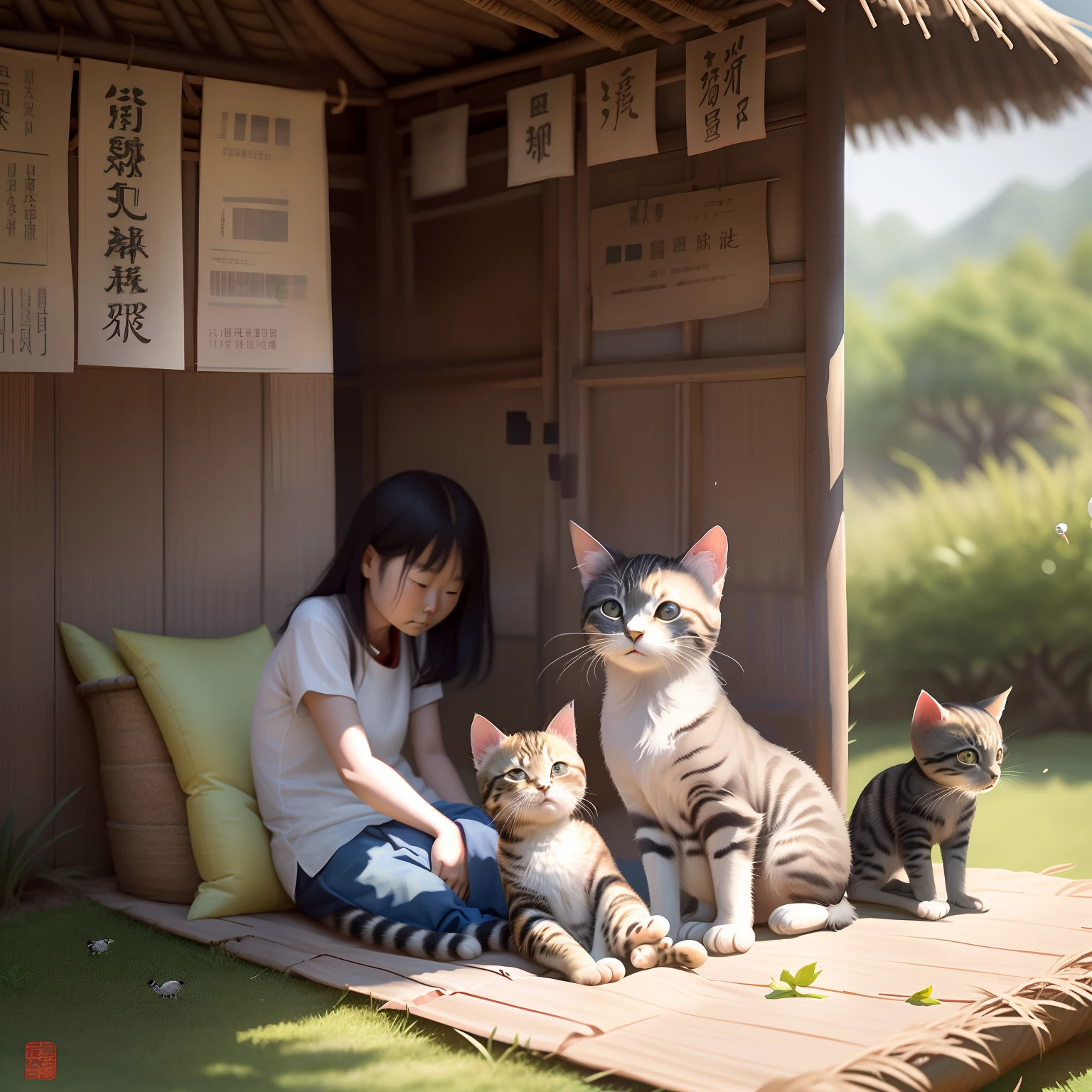 Chinese lunar solar terms:Heat rush。 in the shade of trees,Eat watermelon on the mattress,The kitten lay lazily on its belly next to it,Grandma fanned on the side。There are a few small birds stopping and jumping above the tree,In the thatched hut, the mother came out of the thatched curtain。
