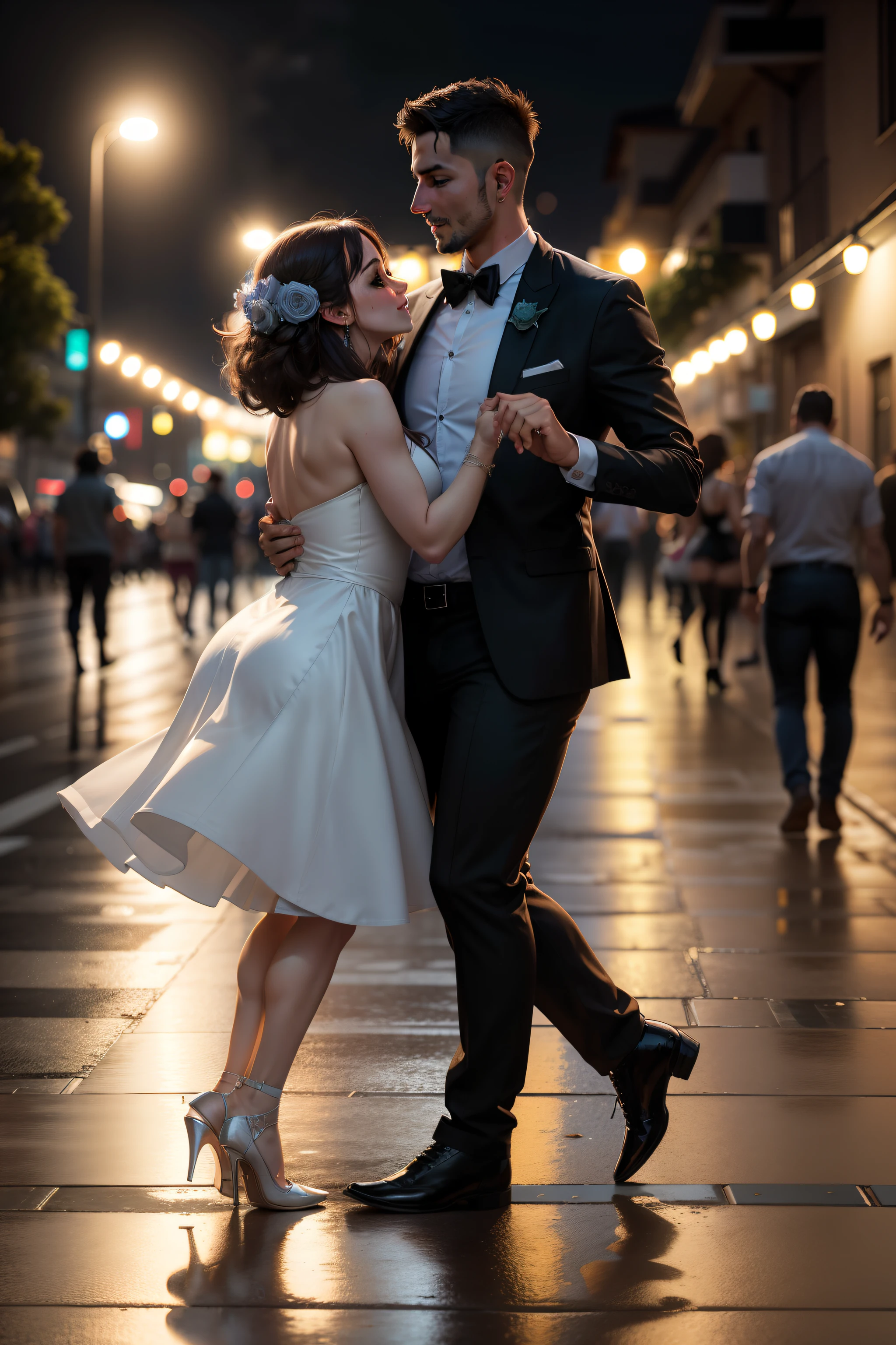 {Una pareja bailando y festejando en la calle, Por la noche, Plano medio, autopista}{escenario urbano, llueve, charcos en el pavimento, Edificios}