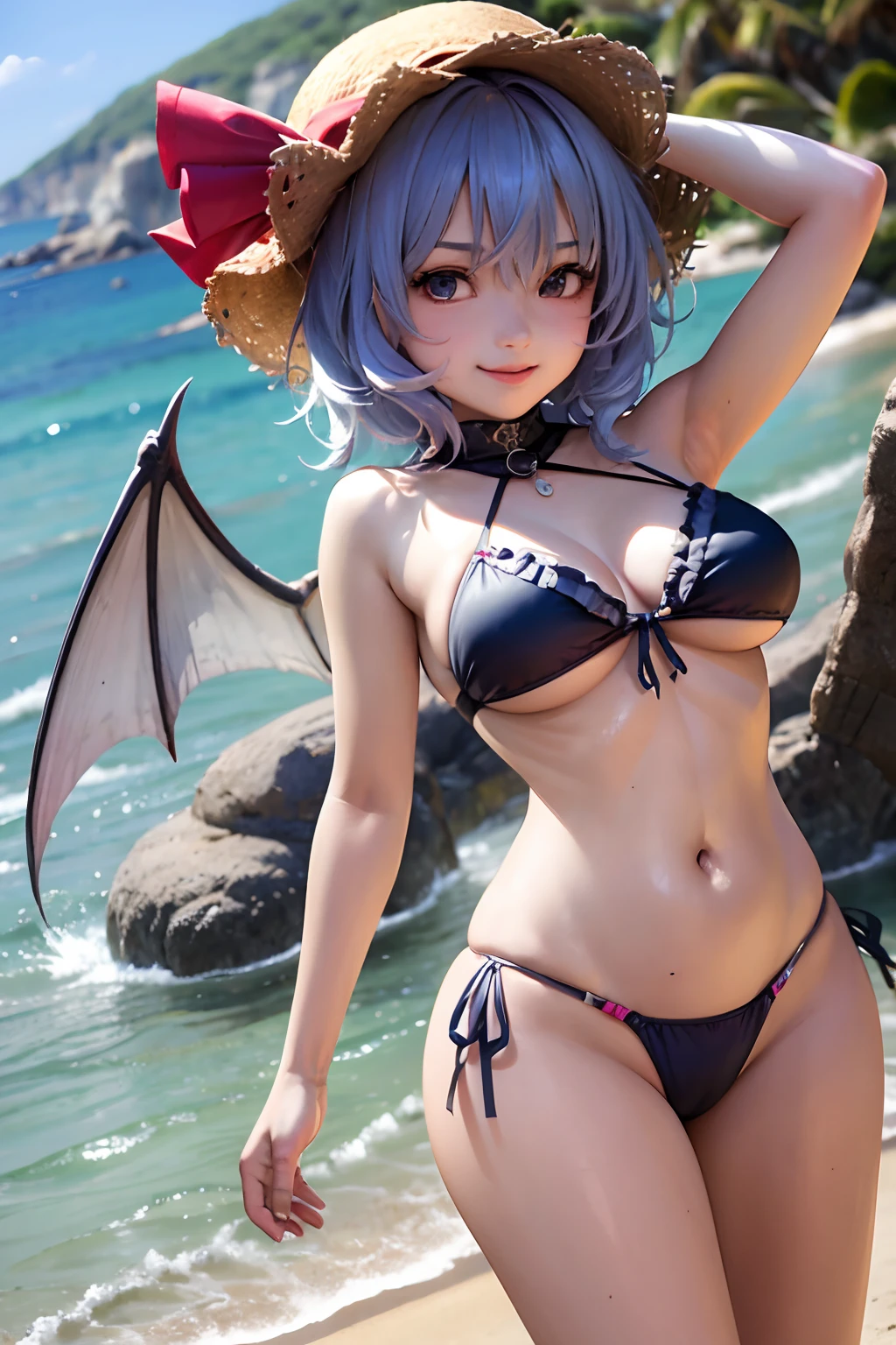 masterpiece、top-quality、1girl in、Blue ruffled bikini、Mob Hut、Medium hair with blue hair、red blush、the bow、ascot、wingspan、Sea and sandy beach background、(nffsw:0.8)、Colossal tits、A slender、remilia scarlet、full body seen、Happy face、Random posture