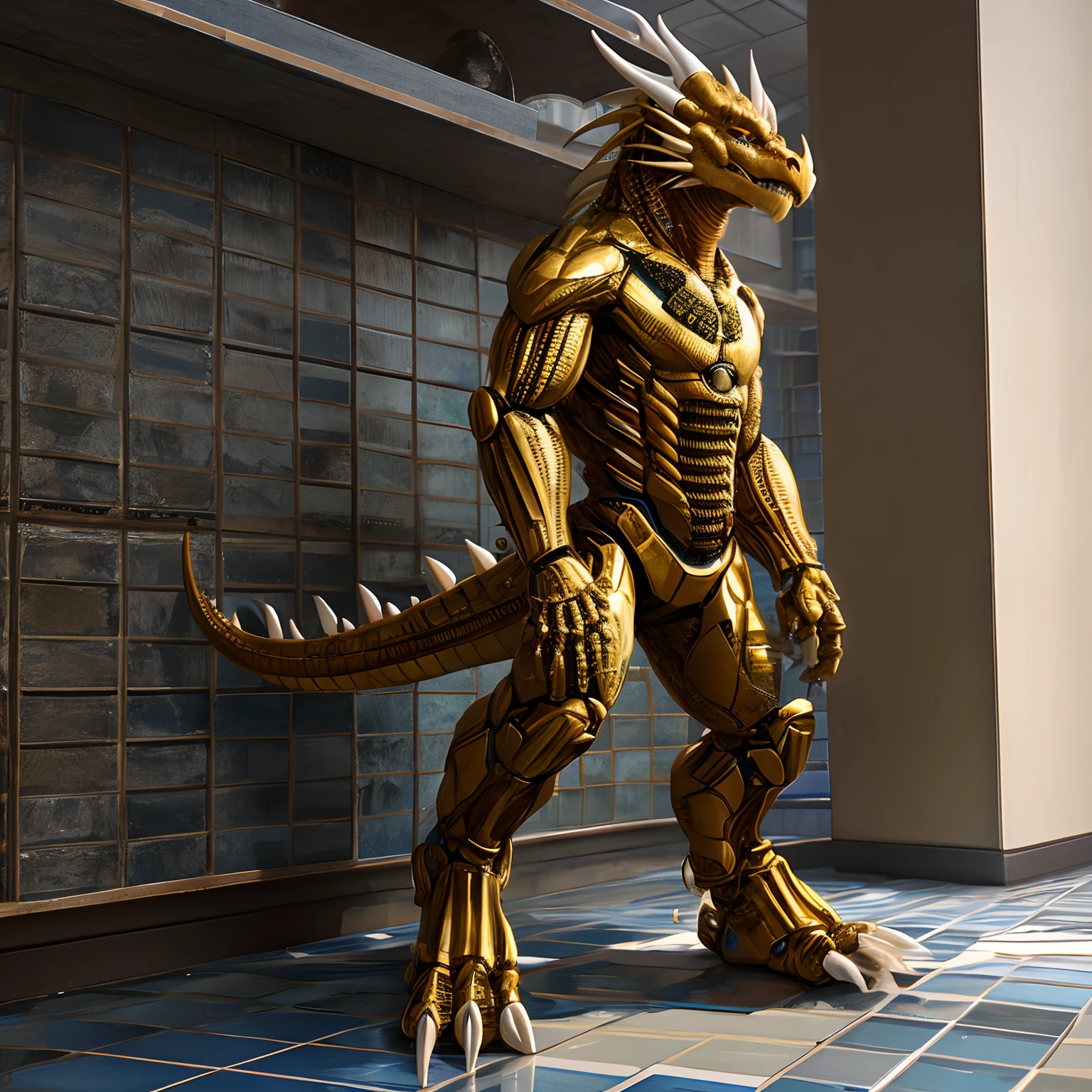 Humanoid golden mechanical dragon，Wears blue short sleeves，Standing on the tiled floor of the apartment。high-definition image，Rich and realistic in detail，high qulity。Extremely detailed CG
