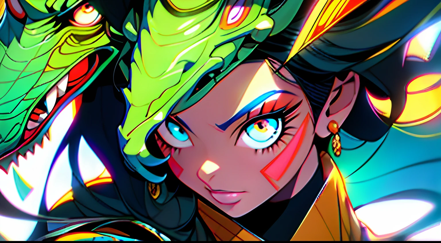 3girls, excellent lighting, sidelighting, (curvy: 1.2), vhsKeeper, background, mixed-language_text, Japanese letters in graffit, perfect GUILTY GEAR -STRIVE style, image of full-body women fighting alongside you with powerful dragons versus alien creature full of tentacles, with immersive effects, hover effect, background style graffiti tribal tattoo with vibrant colors "ultra HDR" detailed and with focus effect, (masterpiece: 1.2, best quality), (finely detailed beautiful eyes: 1.2), , ((Solo)), (Eyes:1.4), (Finely detailed eyes and detailed face with long eyelashes:1.3), in various full-body attack poses, (beautiful and clear background: 1.2),futuristic costume, Super detailed circular metals Clinging to arms and pants, fantastic paintings (flat color: 1.3), (magazine_cover: 1.4), (multicolored_background: 1.3), striped_background, card_background, mixed-language_text, :: comix style by joe madureira :: , perfect and detailed, ultra detailed shirt with abstract design, with Japanese graffit print on the sides of the dress,