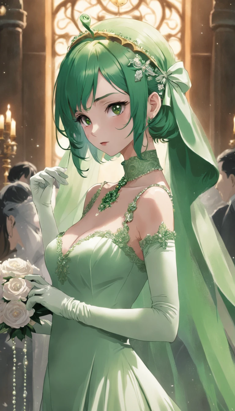 Green Satin Long Gloves, Green Wedding Dresses, Green shorthair, lipsticks, the kiss, Bride Green Pearl Necklace, Green Bride, lesbian, pregnant woman
