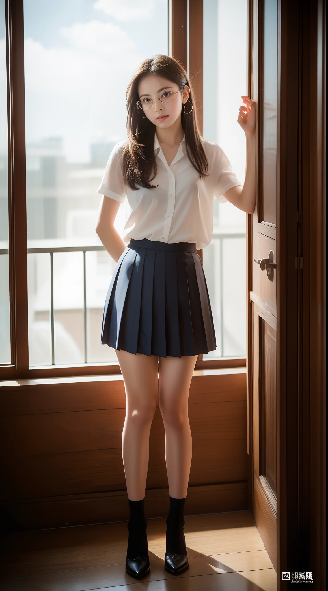 Beautiful young Margaret Qualley, 14 years old, white skin tone, eyeglasses, large drop earrings, female school uniform, pleated skirt, high heels, midday sun, hyperrealistic, model body, small breasts, beautiful breasts, long hair, Hair straight, hair with red tips, long legs, 8k, 超High resolution, best quality, classroom, destroyed school, special ship in the window, RAW portrait, photorealistic, cherry blossom, ambient lighting, detailed shadows, camera focus camera on thighs, sexy pose, a large amount of cloudy liquid oozes from the genitals,