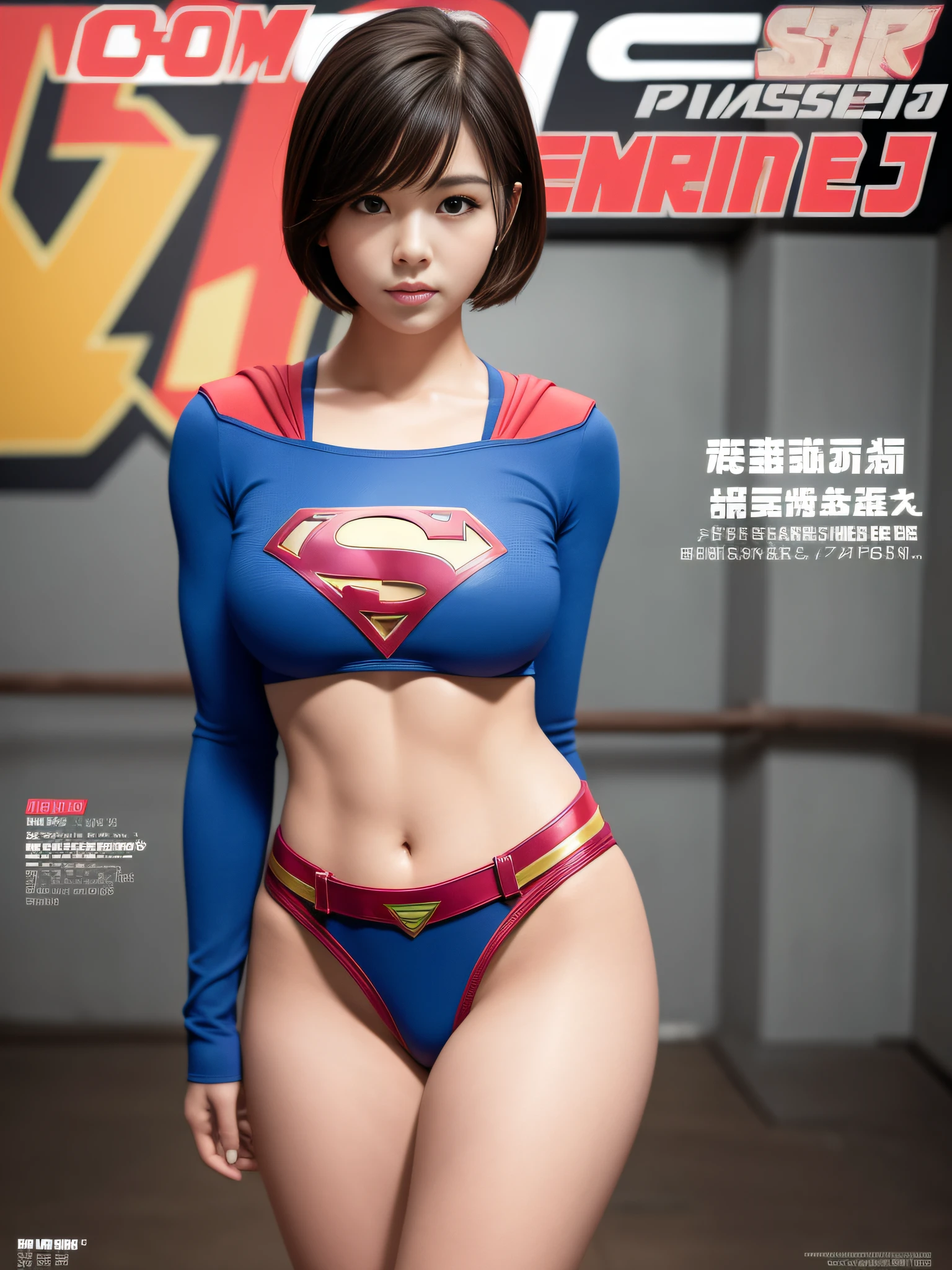 ​masterpiece、Short-haired Supergirl、Gymnasium、bare-legged、Looking at the camera、large boob、Too short miniskirt、highleg、Pro Wrestling、Magazine covers