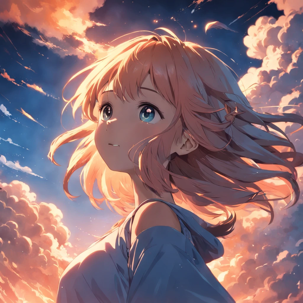 masterpiece, best quality, movie still, 1girl, cloud girl, floating in the sky, close-up, bright, happy, warm soft lighting, sunset, (sparks:0.7)