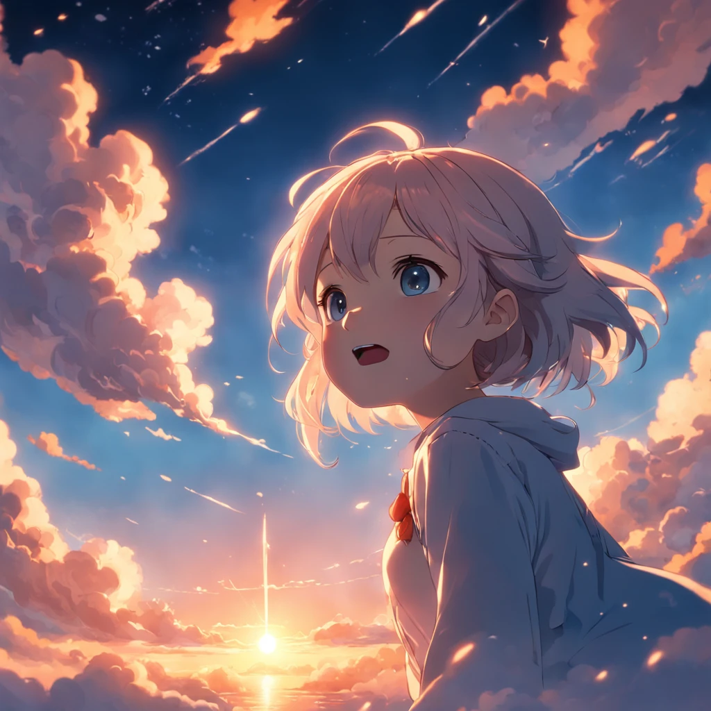 masterpiece, best quality, movie still, 1girl, cloud girl, floating in the sky, close-up, bright, happy, warm soft lighting, sunset, (sparks:0.7)