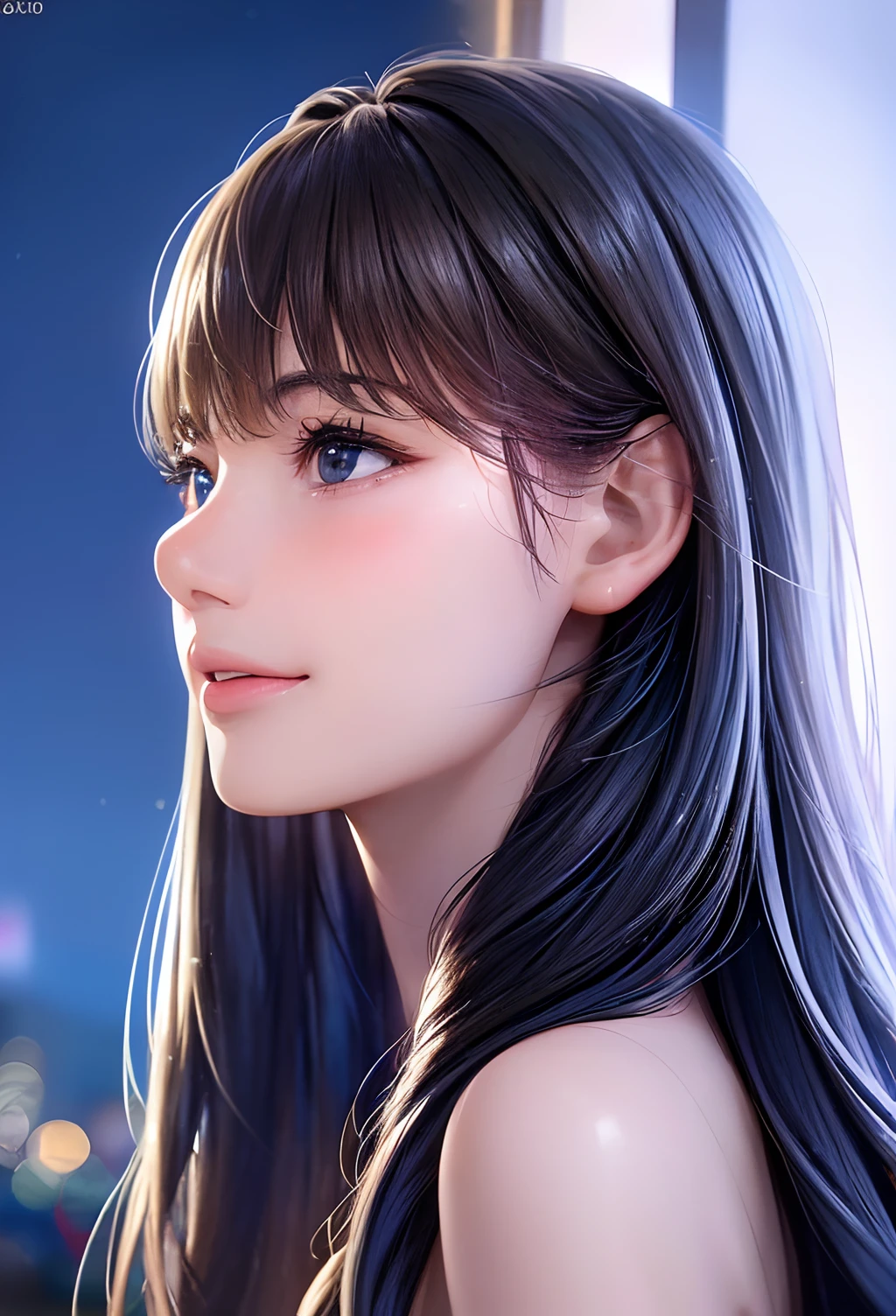 (8K, Best quality, Masterpiece:1.2), (Realistic, photo-realistic:1.37), Ultra-detailed, 1 girl,Cute, Solo,midnight,Beautiful detailed sky,Detailed Cafe,Sitting,dated,(nose blush),(Smile:1.15),(Closed mouth) Small breasts,Beautiful detailed eyes,Floating hair NovaFrogStyle,Backless dress