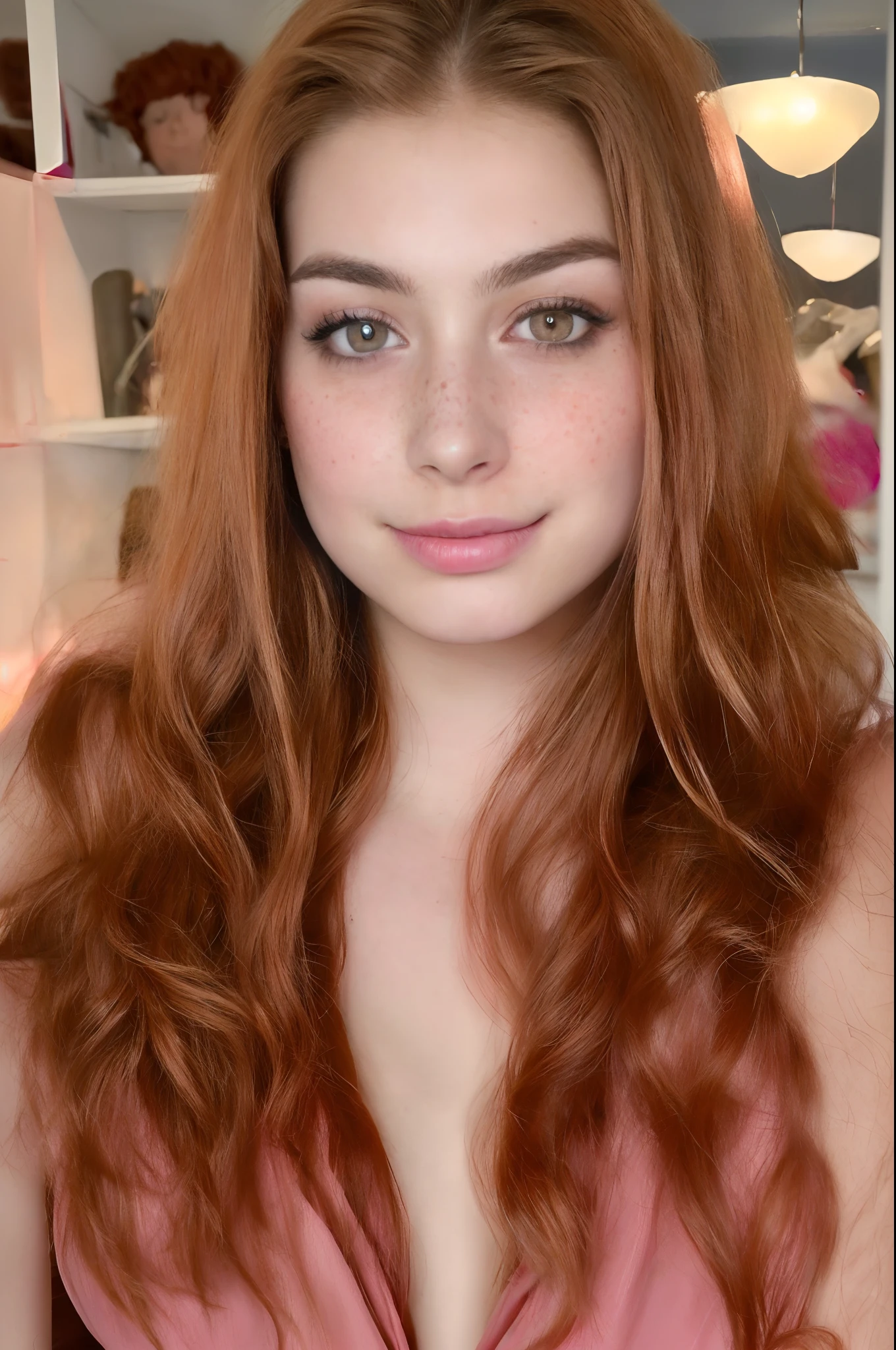 (primer plano, editorial photograph of a 28 year old woman), (((Shary3))), (8k, RAW photo, highest quality), beautiful girl, close up, dress, (detailed eyes:0.8), defiance512, (looking at the camera:1.4), (highest quality), (best shadow), intricate details, interior, ginger hair:1.3, dark studio, muted colors, freckles