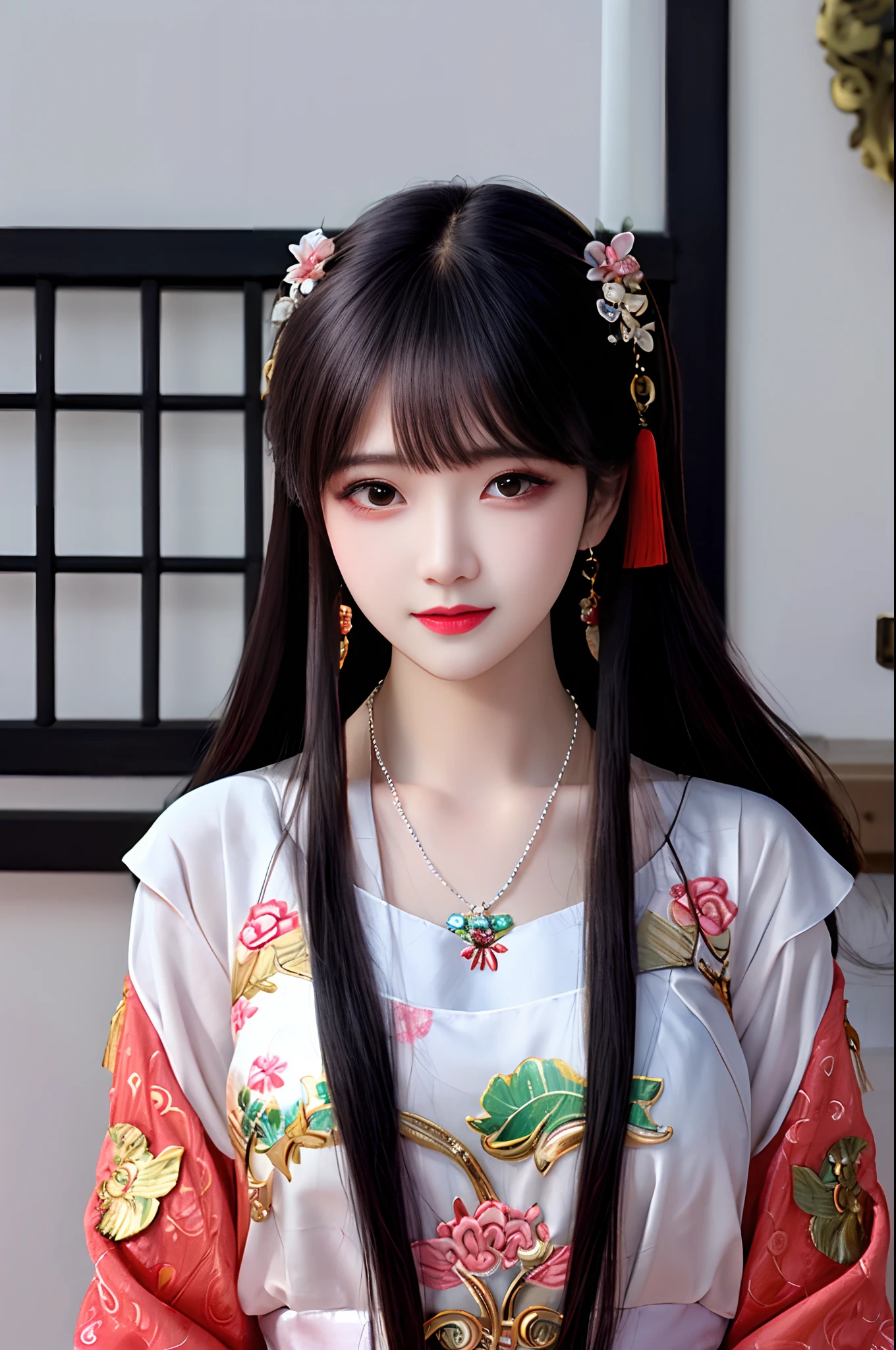 best quality, masterpiece, Beautiful face,1girl, long_hair, solo, upper_body, china dress,dress,hair ornament, necklace, jewelry, long hair, earrings, chinese clothes