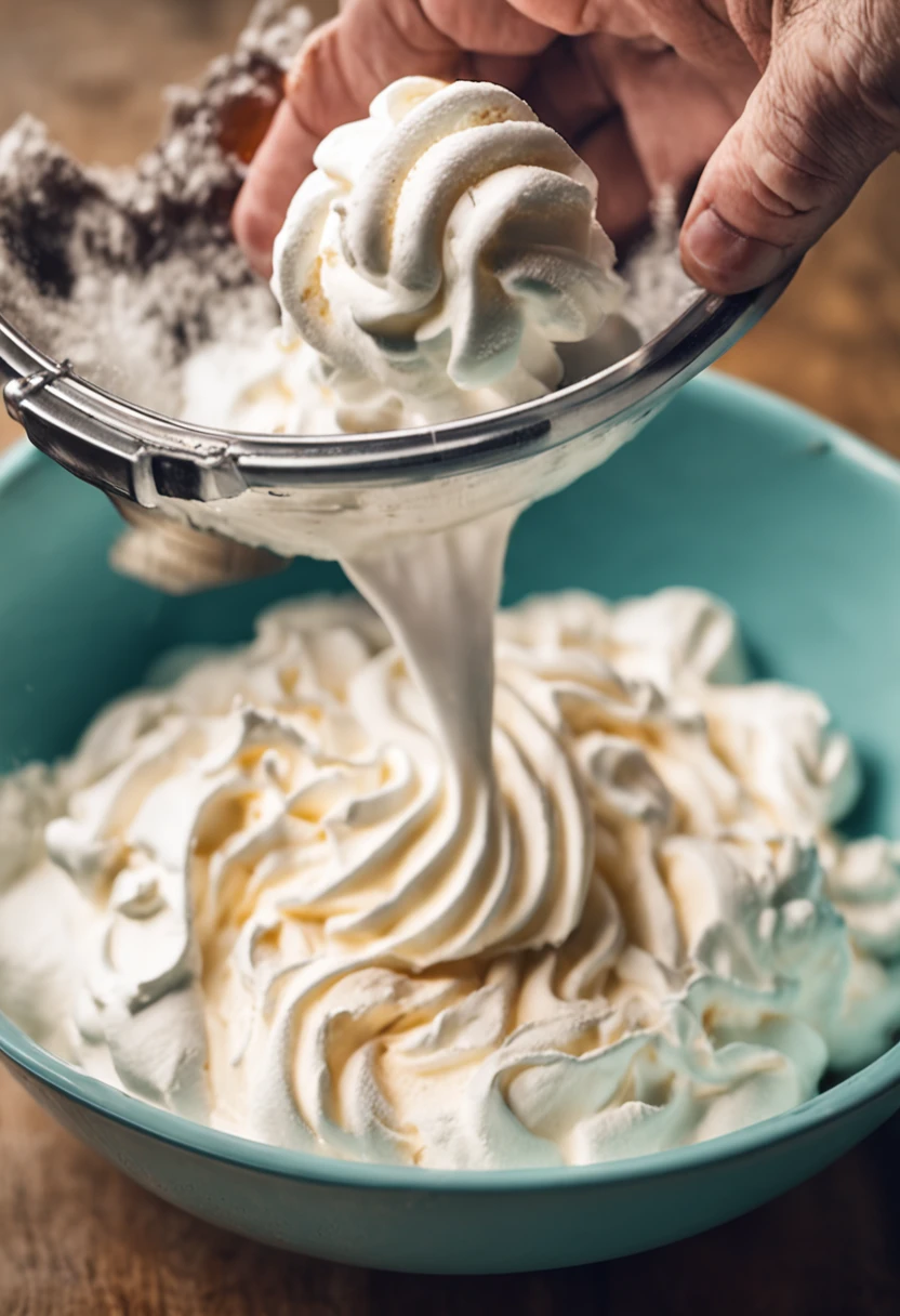 A close-up of a hand-held mixer with a bowl of fluffy whipped cream.