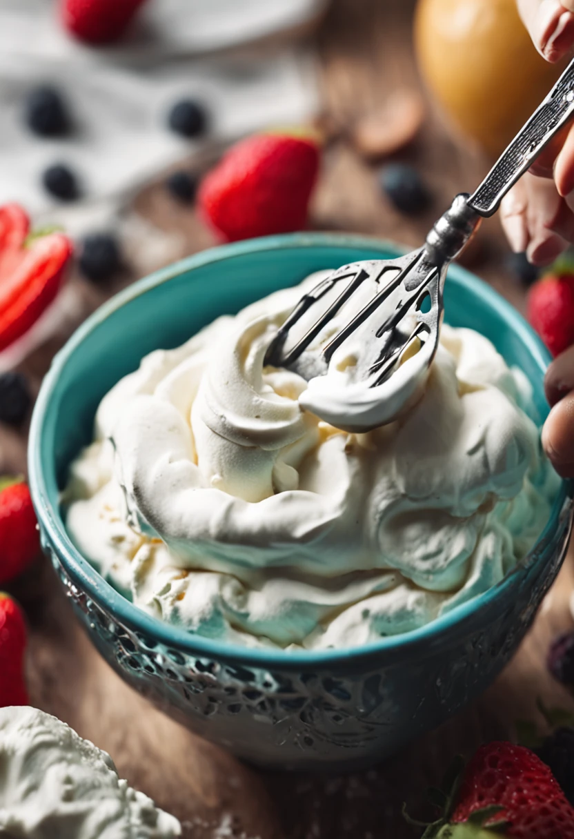 A close-up of a hand-held mixer with a bowl of fluffy whipped cream.
