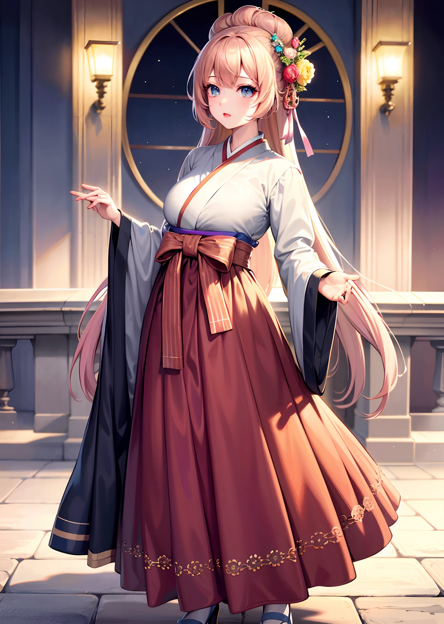 best quality,masterpiece,illustration,an extremely detailed and beautiful,extremely detailed,CG,unity,8k wallpaper,Amazing,finely detail,master,best quality,official art,extremely detailed CG unity 8k wallpaper,absurd,unbelievable Ridiculous, huge file size, super detailed, high resolution, very detailed, beautiful detailed girl, very detailed eyes and face, beautiful detailed eyes, light on face, (Hanbok: 1.1), 1girl, full body, full body Photo, ru_qun