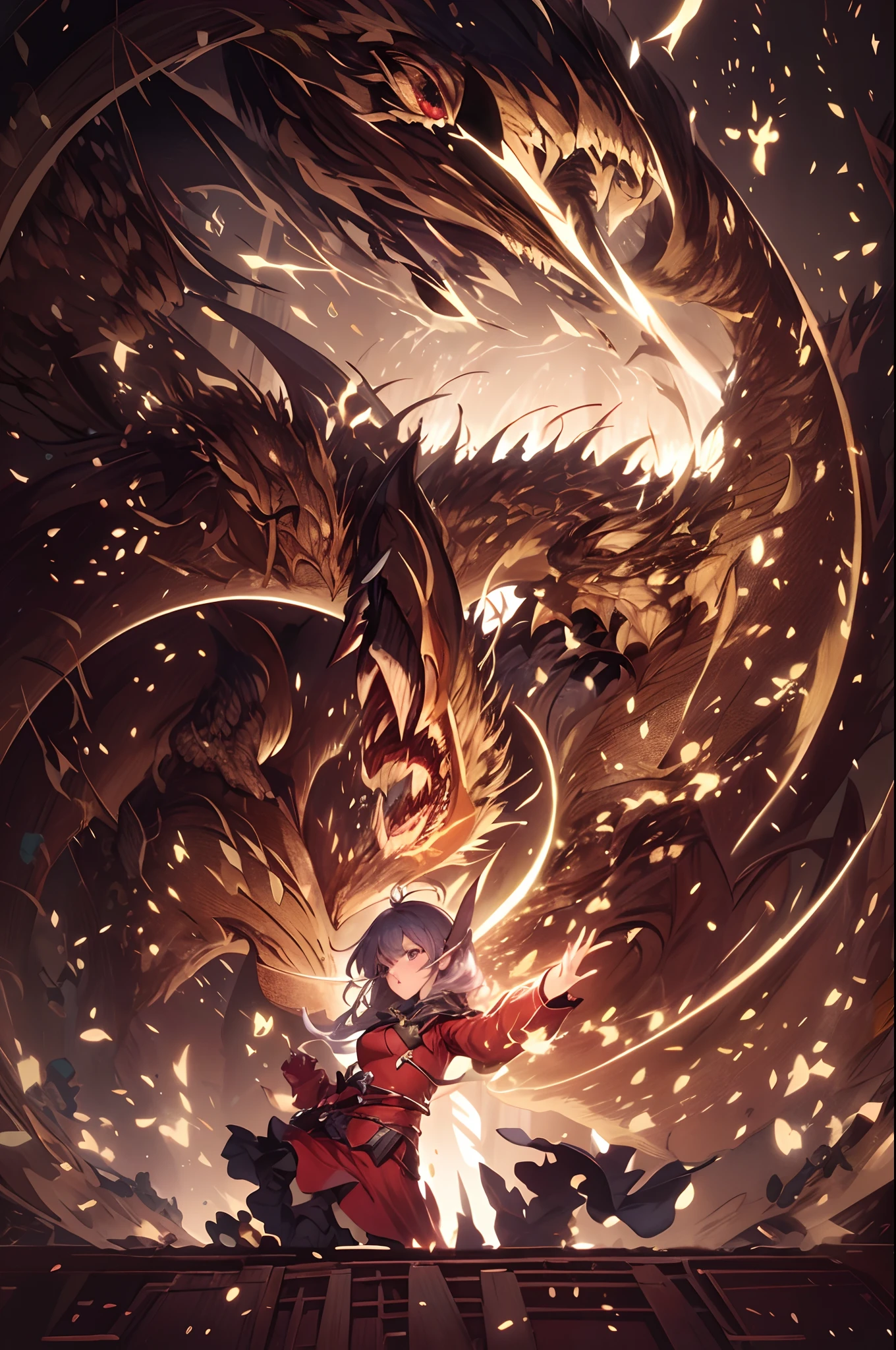 A girl using magic in legendary red outfit, fighting a dragon