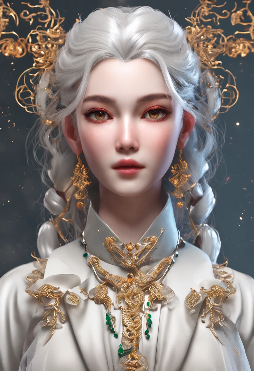 The ultimate masterpiece, Features shocking white-haired characters, Shining golden eyes, Dressed in plain white, Look up at the sky, Showcases attractive upper body curves, Fair skin like jade,The side braids drape elegantly。