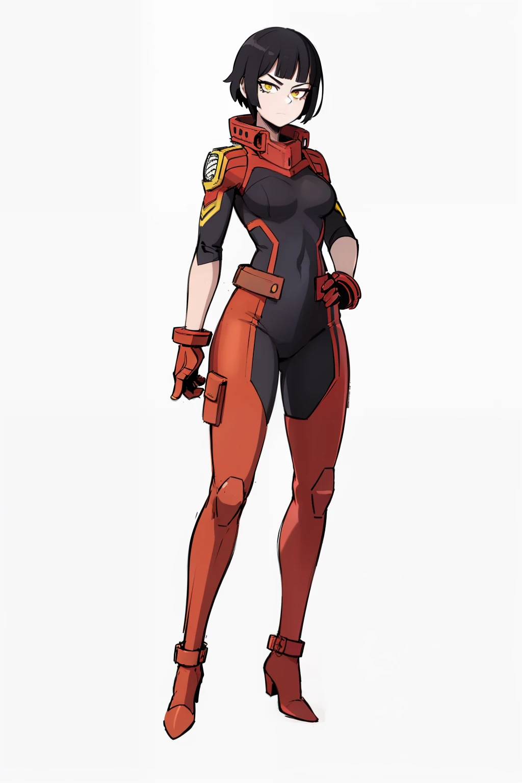 My Hero Academia style, anime Girl, female, trending on artstation pixiv, (full body shot:0.5), wide thighs, wide hips, medium breast, Black hair, short hair, yellow eyes, hero suit, full body suit, red suit with black details and lines, perfect hands, Perfect anatomy, Super Detailed,
