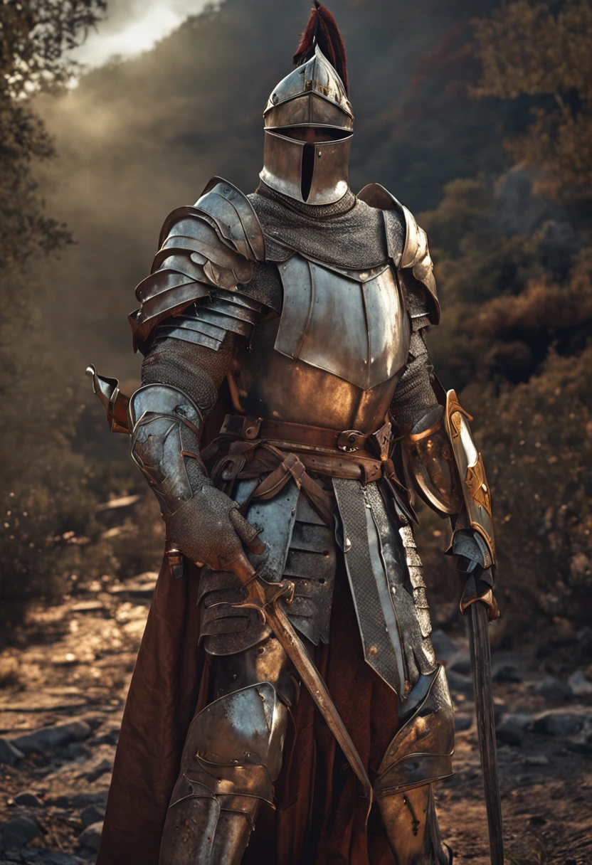 Royal Knights，Gorgeous heavy armor wraps the whole body，show，femele，Tall and mighty，Point the Knight's Sword to the ground，sportrait，closeup cleavage，Solemn，flatchest，modest，humble，Cinematic, hdr, primitive, Intricate, High quality, Gorgeous shades, Intricate details, super-fine，oc rendered，Ray traching，Reallightandshadow，Hyper-realistic