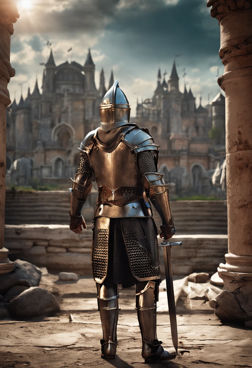 Royal Knights，Gorgeous heavy armor wraps the whole body，show，femele，Tall and mighty，Point the Knight's Sword to the ground，sportrait，closeup cleavage，Solemn，flatchest，modest，humble，Cinematic, hdr, primitive, Intricate, High quality, Gorgeous shades, Intricate details, super-fine，oc rendered，Ray traching，Reallightandshadow，Hyper-realistic