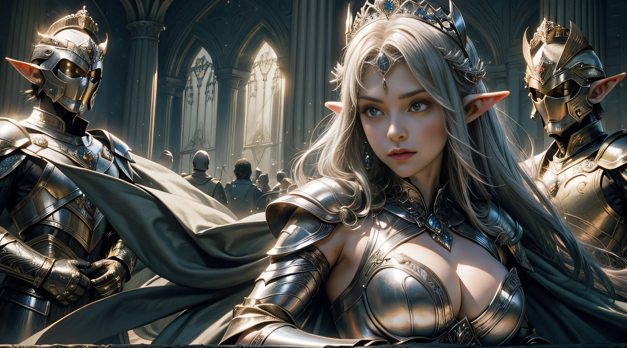 Female elf,Large breasts,Silver armor,tiara crown,dramatics,dynamicposes,The background is the palace,(Mid-range portrait:1.3),rays of sunshine,sceptre