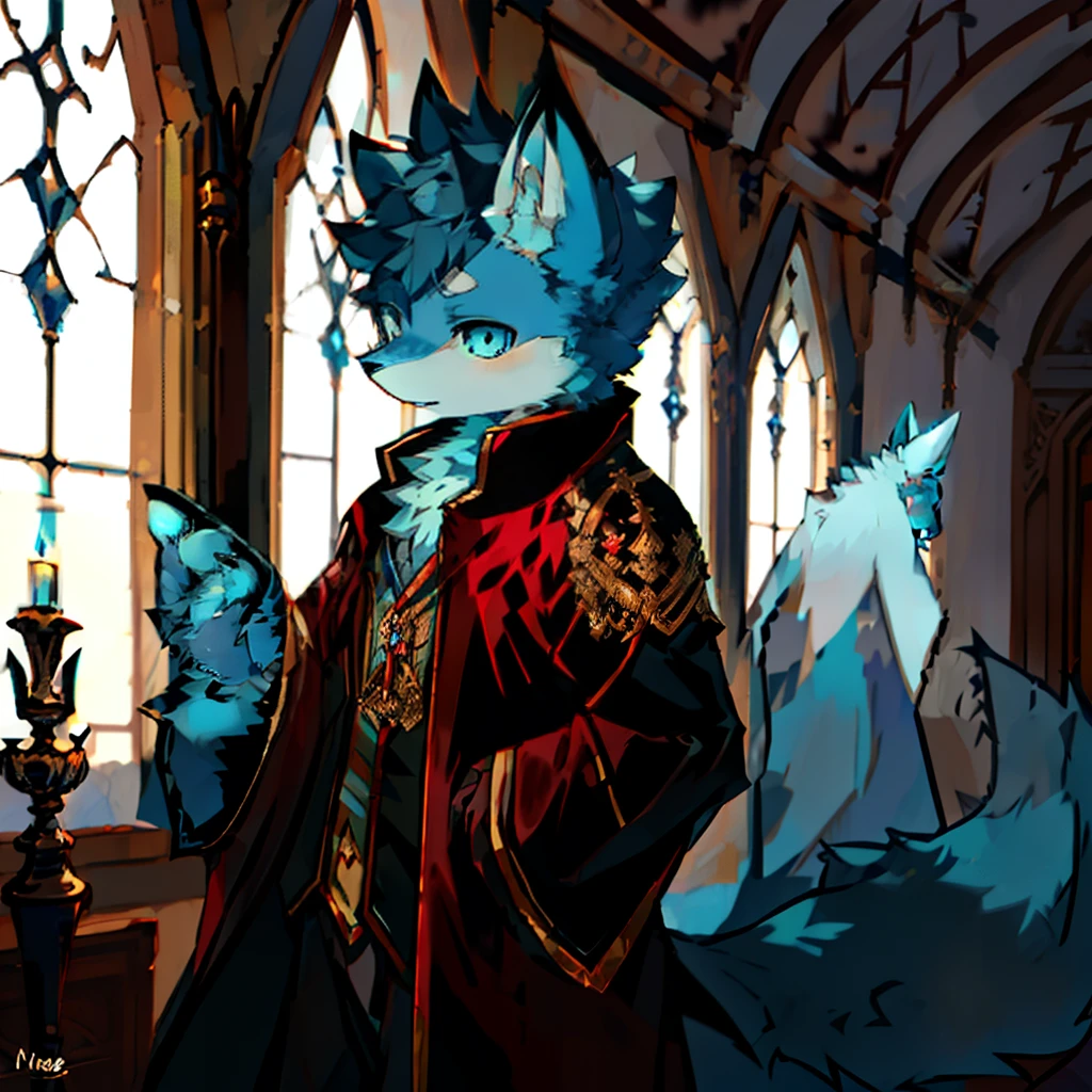 Fox Boy,a plush,male people,8 year old boy,Vampires,morpheus,Blue skin,blue color eyes,Fluffy tail,Inside the castle,Black robe