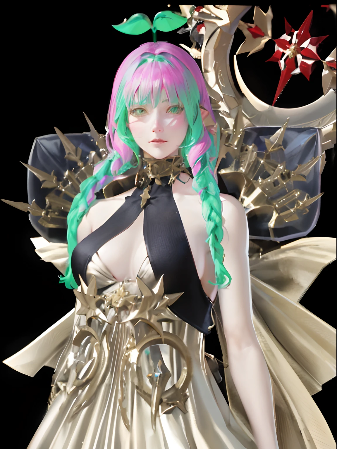 a close up of a woman with a green and pink hair, portrait knights of zodiac girl, white horns queen demon, lunar themed attire, holy cyborg necromancer girl, fantasy outfit, render of april, 8k octae render photo, wearing gilded ribes, ornate bikini armor, knights of zodiac girl, 8 k character details