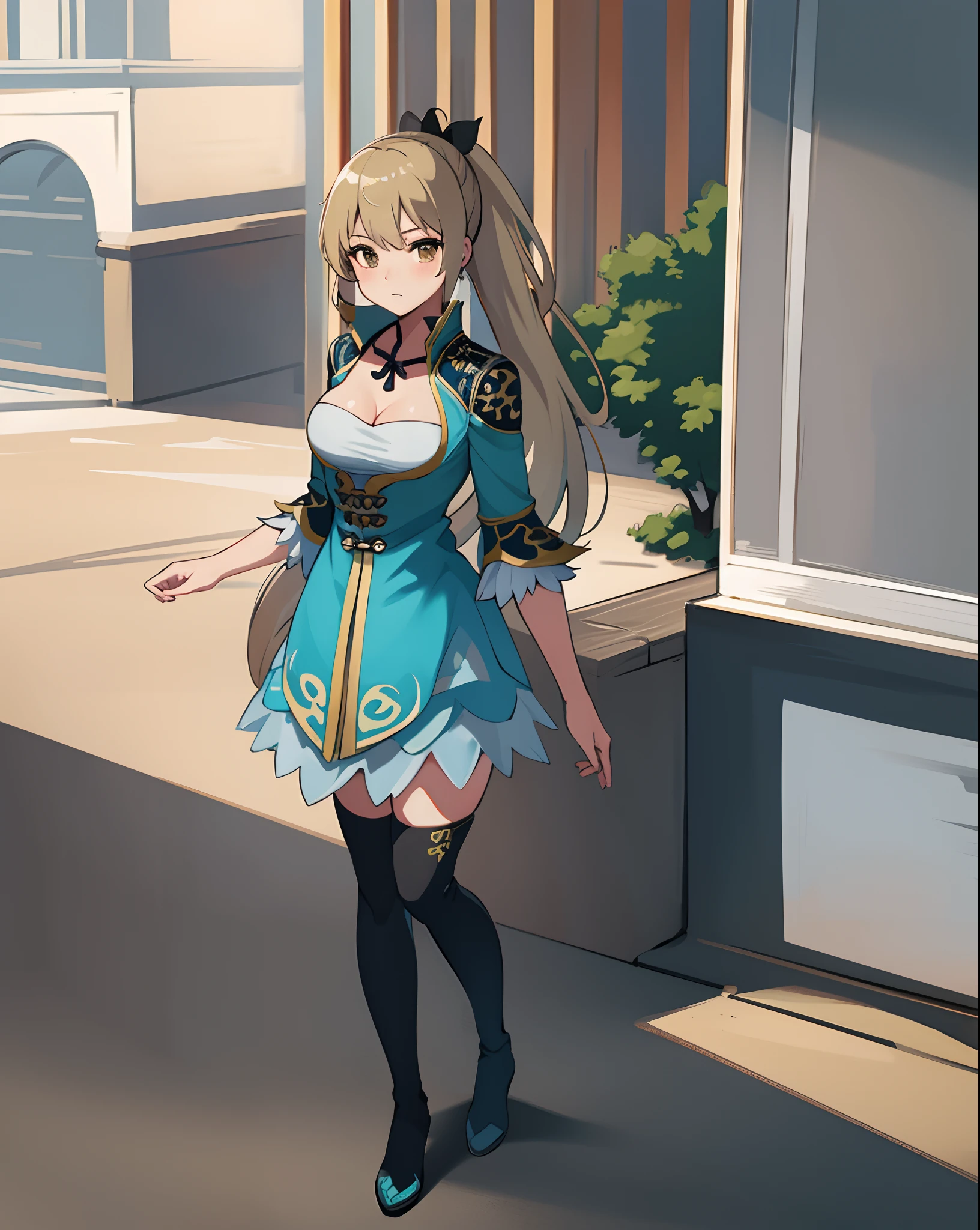 best quality, (masterpiece:1.2), illustration, absurdres,
(1girl, solo), (beautiful detailed girl), (cute:0.4), 
Wang Yuanji, blonde hair, ponytail, brown eyes, large breasts, 
aqua dress, ornate dress, cleavage, aqua skirt, black thigh boots, thighhigh boots, high heels,
blush, looking at viewer, 
(chinese architecture background), 
sitting, cowboy shot, full body,