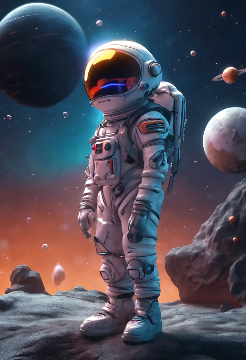 a mini astronaut in chibi model, wearing a space suit, in the style of photorealistic surrealism, abstract colorist sculptor, poured, fluid and loose, sci-fi influenced, sculpted Cartoon icon art, 3D pixar style drawing, a planet in space, isolated, exploring the moon in the background many planets and stars, cinematic light, photorealistic scenes, anime art, epic, RTX ON, DAZ3D, Digital Arts Techniques, Animated Illustrations