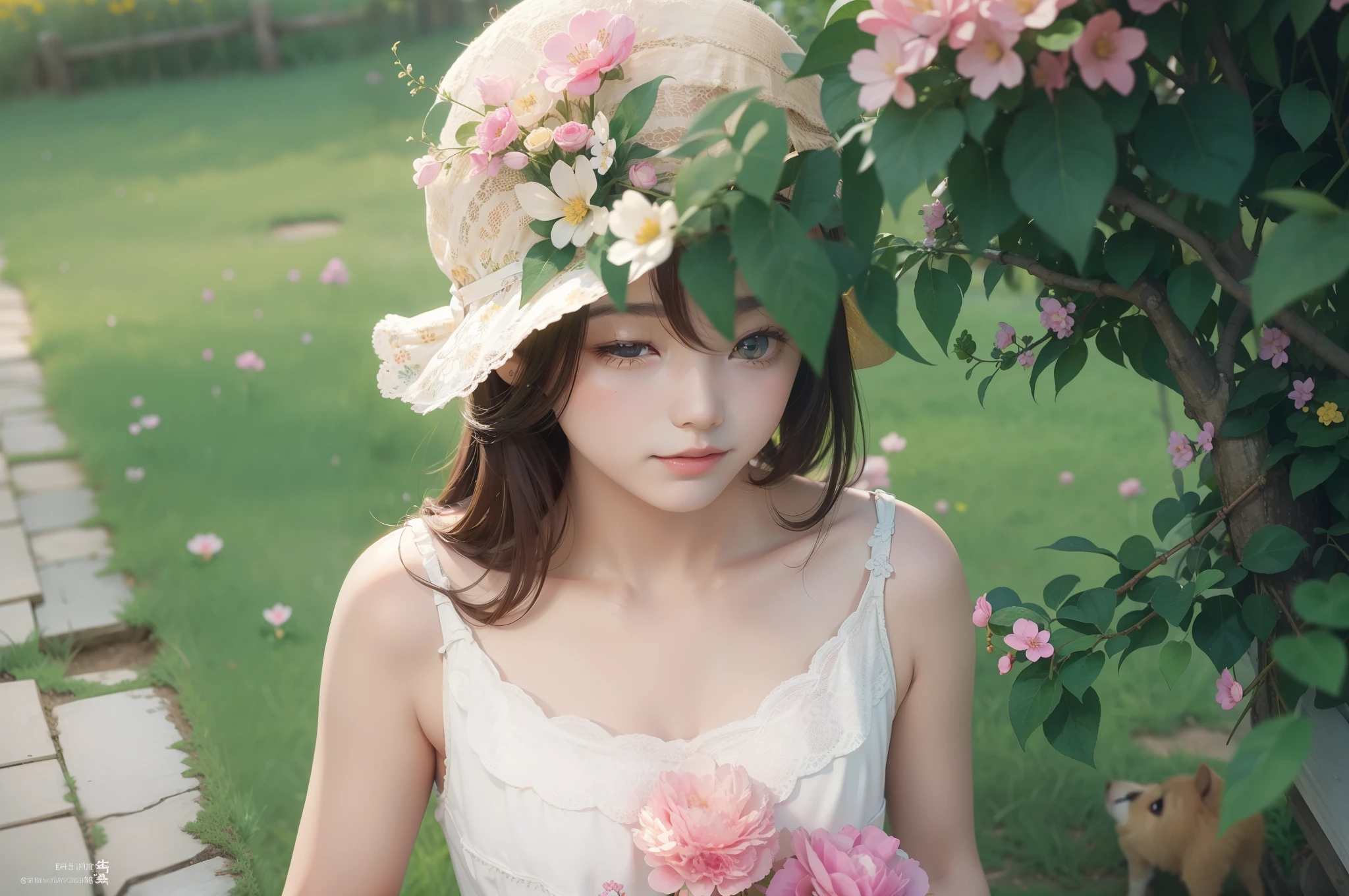 A charming little girl，Brunette and her cute puppy，Enjoy a lovely spring outing surrounded by beautiful yellow flowers and nature。Country lanes，Fenced cottage，The illustration is a high-definition illustration in 4K resolution，With very detailed facial features and cartoon-style visuals。