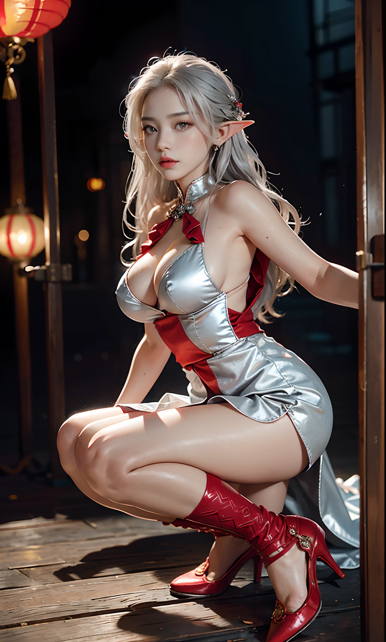 (Redcoat:1 silver-haired girl, Normal posture), tmasterpiece, best qualtiy, RAW photogr, realisticlying, the face, Incredibly Ridiculous res, Beautiful elf beauty, ear studs,Get wet all over, (Long silver hair), (Red wedding dress+),Chinese silk long skirt,(Red cloth shoes+),depth of fields, A high resolution, ultra - detailed, filigree, RAWE is very detailed, very detailed eyes and faces, Sharp pupils, realistic pupil, tack sharp focus, cinmatic lighting,full bodyesbian,Bigboobs,long leges,From the front side,ancient Chinese town,Lanterns,Tanabata,Lights of all homes,A faint red glow,dynamicposes