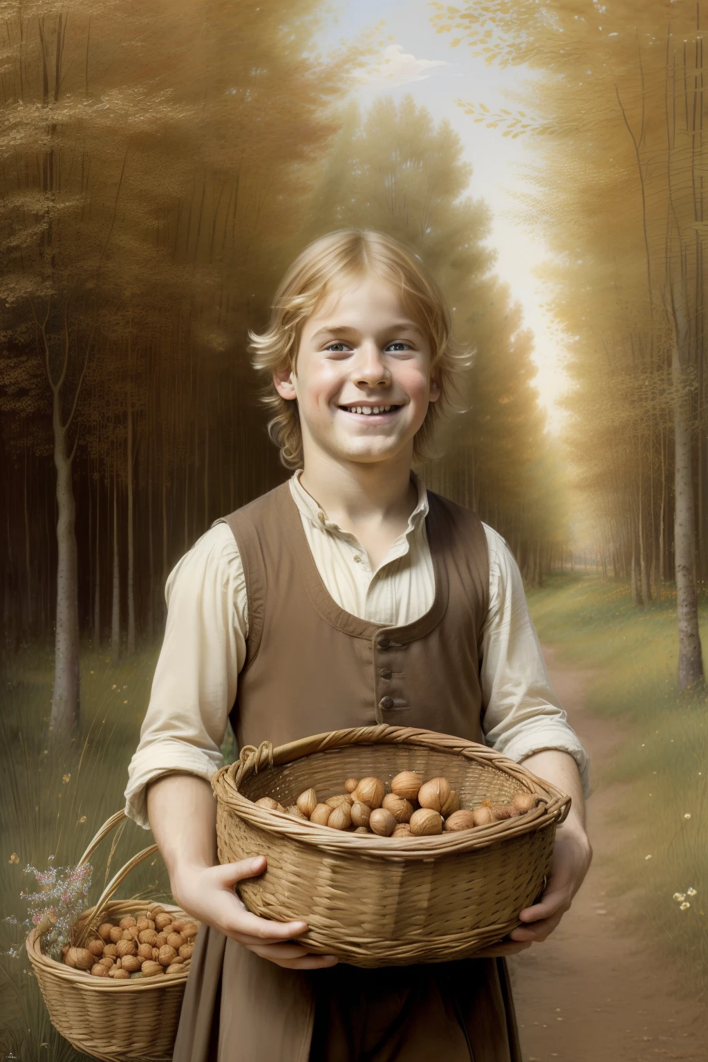 hazel trees. hazelnuts. hazelnut. Floresta das Aveleiras. ((Pre-Raphaelite painting of a small Celtic boy smiling blond angelic face holds a basket of hazelnuts, paisagem celta com muitas aveleiras)))