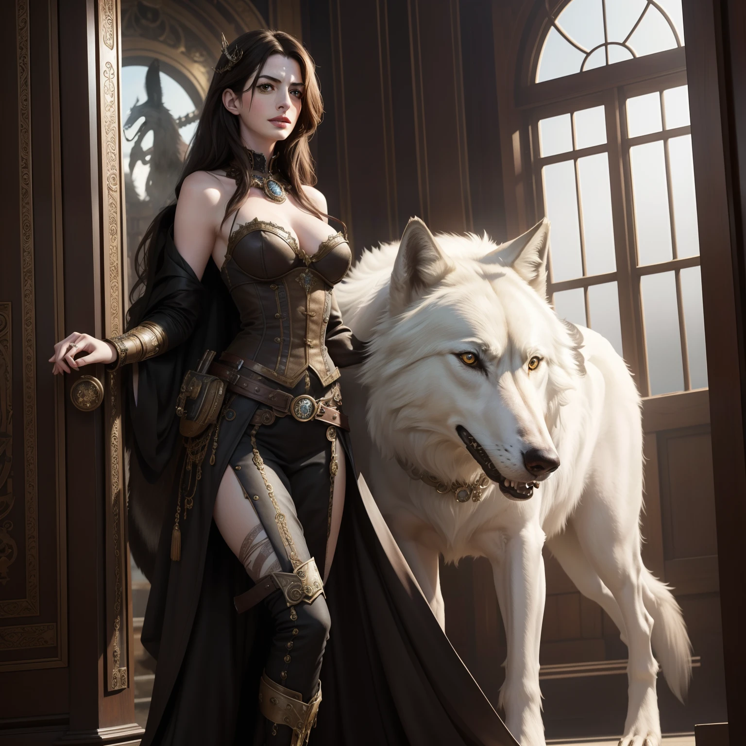 Anne Hathaway 8k detailed as beautiful stunning steampunk woman, with a giant fierce white wolf beside her, (full body), ultra-detailed face and eyes, ultra-detailed body, nice perfect face, ((ultra-detailed hands))