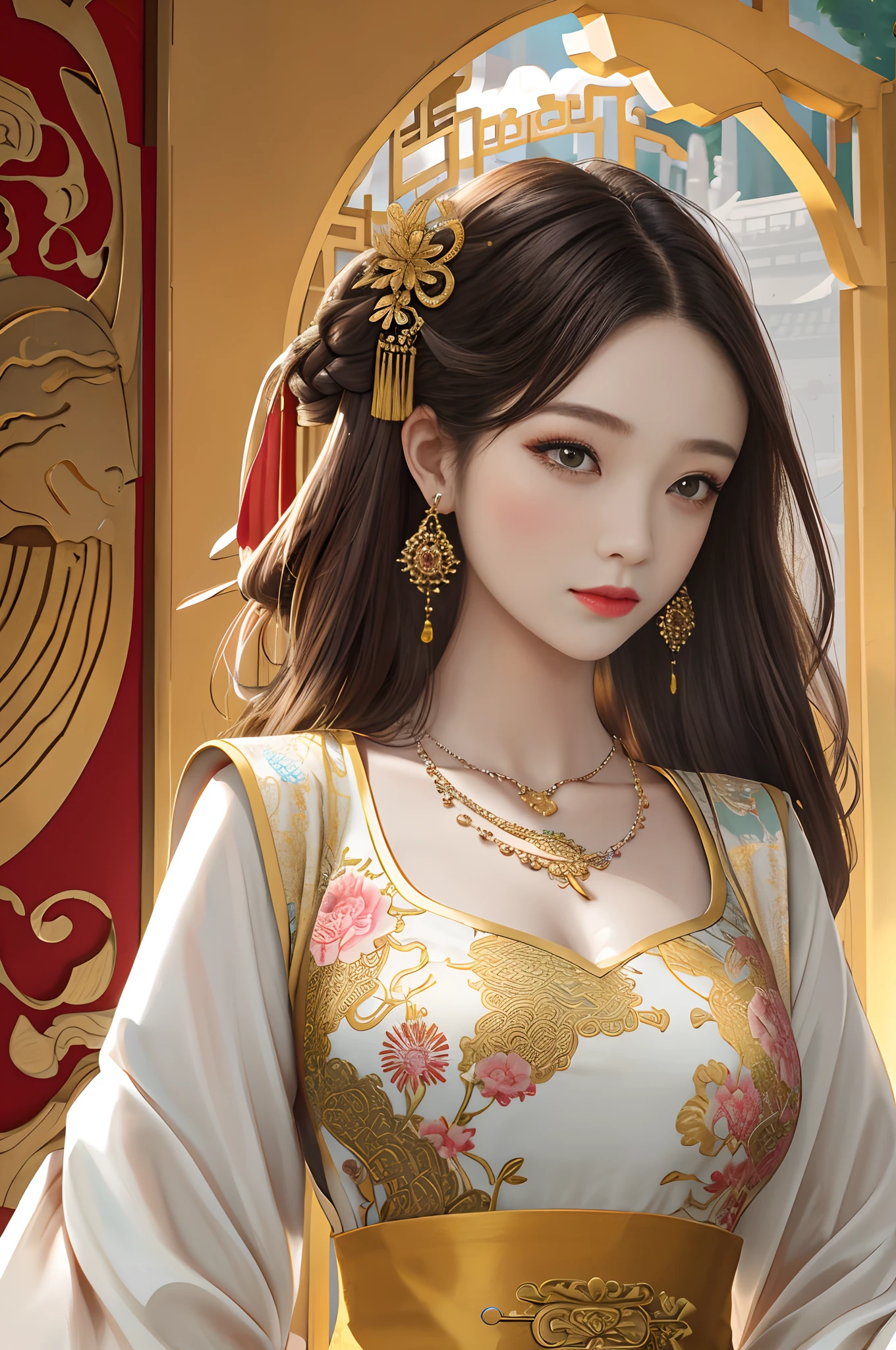 best quality, masterpiece, Beautiful face,1girl, long_hair, solo, upper_body, china dress,dress,hair ornament, necklace, jewelry, long hair, earrings, chinese clothes